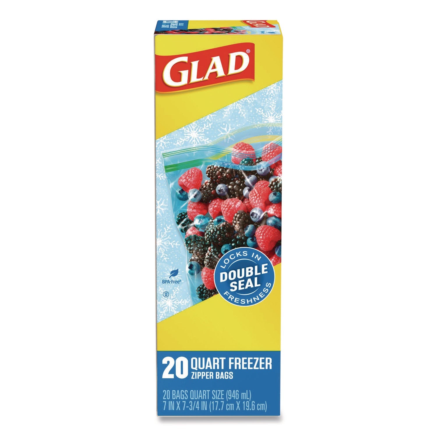 Glad® Zipper Food Storage Plastic Bags, Freezer Bags, Quart Size, 7.75 x 8.44, Clear, 20 Bags/Box, 12 Boxes/Carton - Bloom Skins