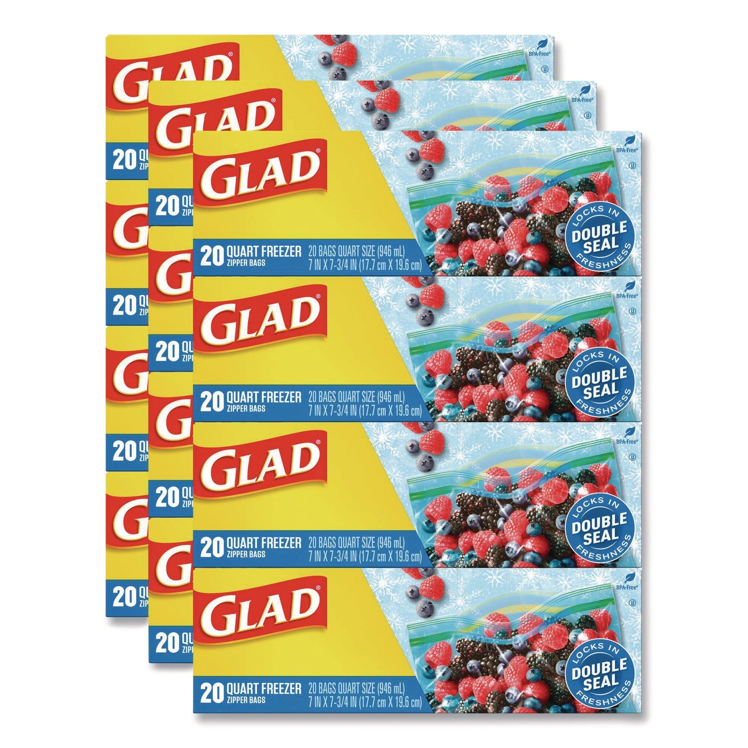 Glad® Zipper Food Storage Plastic Bags, Freezer Bags, Quart Size, 7.75 x 8.44, Clear, 20 Bags/Box, 12 Boxes/Carton - Bloom Skins