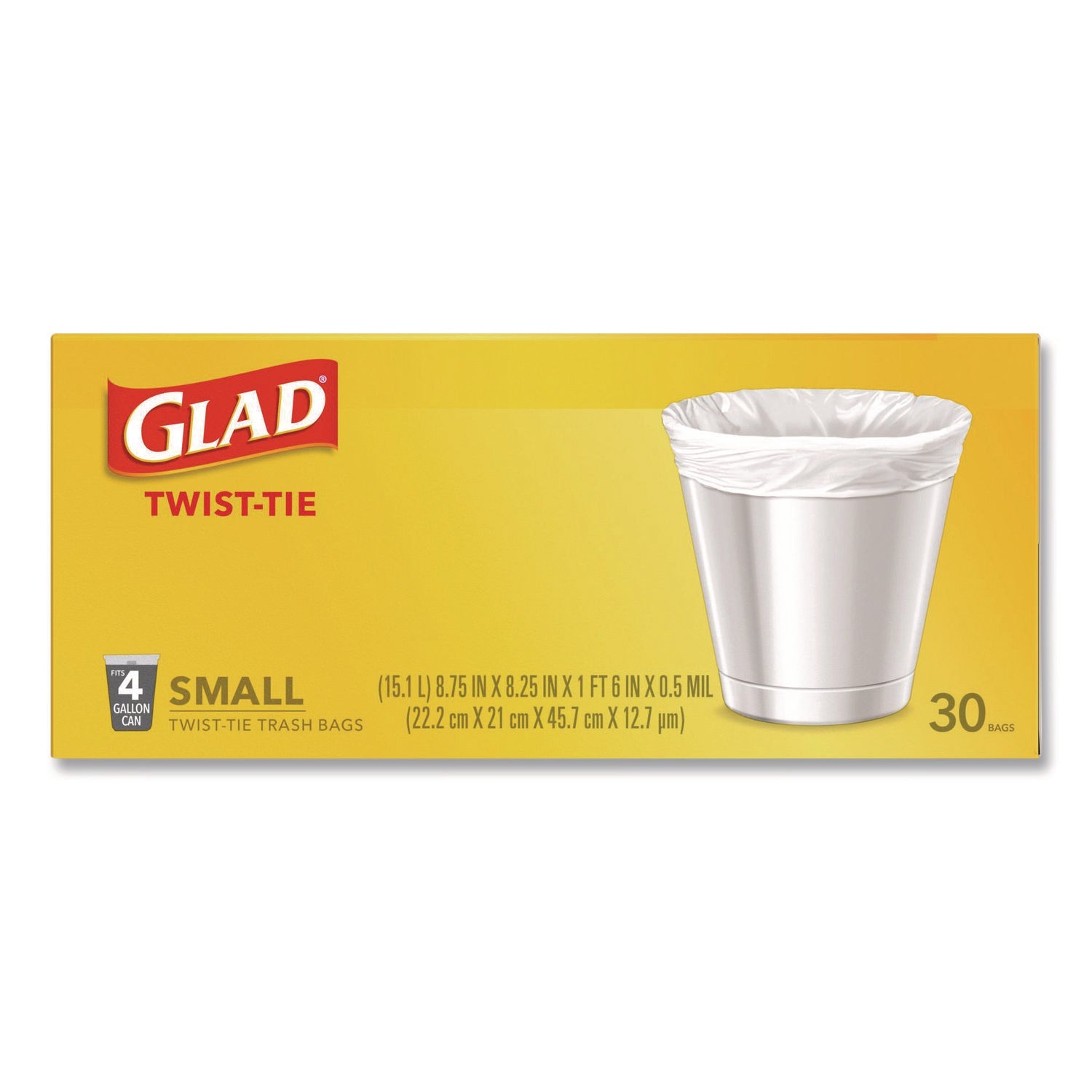 Glad® Small Twist-Tie Trash Bags, 4 gal, 0.74 mil, 23 x 21.63, White, 30/Box