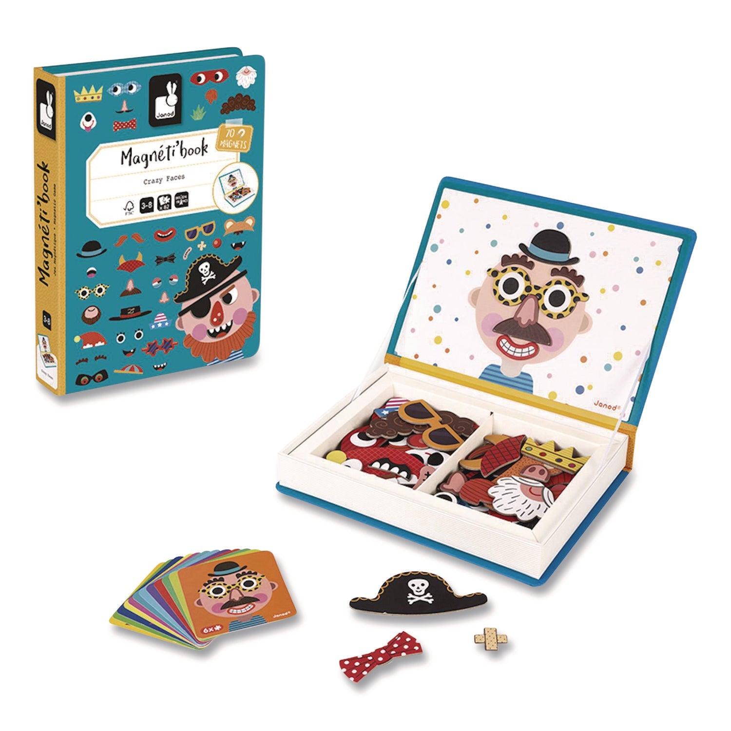 Janod® Magneti'books, Boy's Crazy Faces, 40 Pieces (10 Cards, 30 Magnetic Shapes), Ages 3 to 8 - Bloom Skins