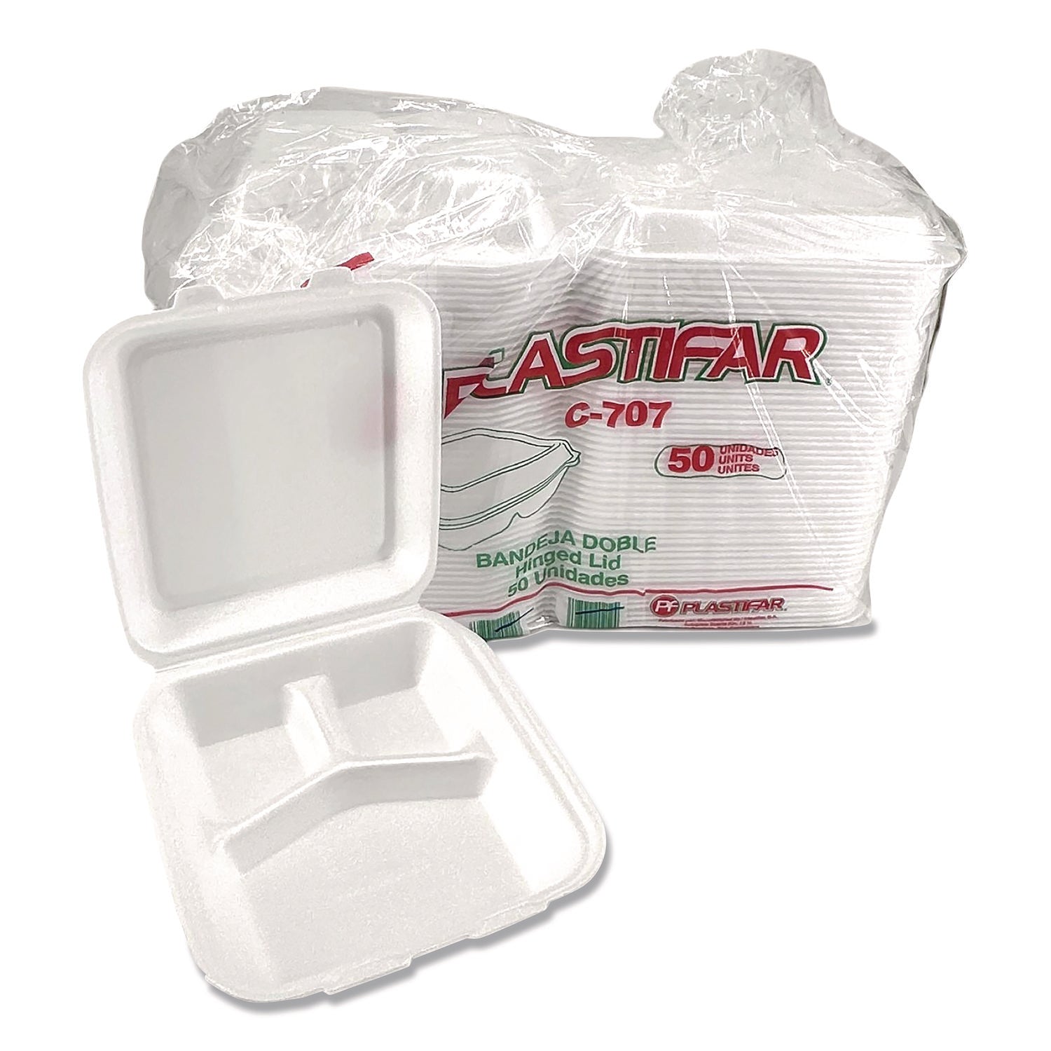 Plastifar Foam Hinged Lid Containers, 3-Compartment, 7.56 x 8.25 x 2.38, White, Foam, 200/Carton - Bloom Skins
