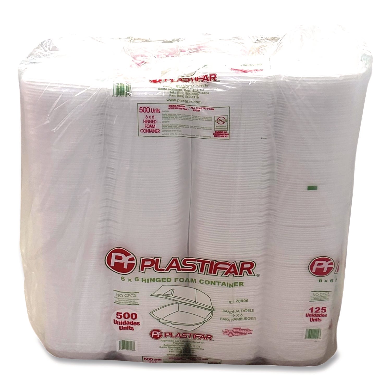 Plastifar Foam Hinged Lid Containers, 6 x 6 x 3, White, Foam, 500/Carton