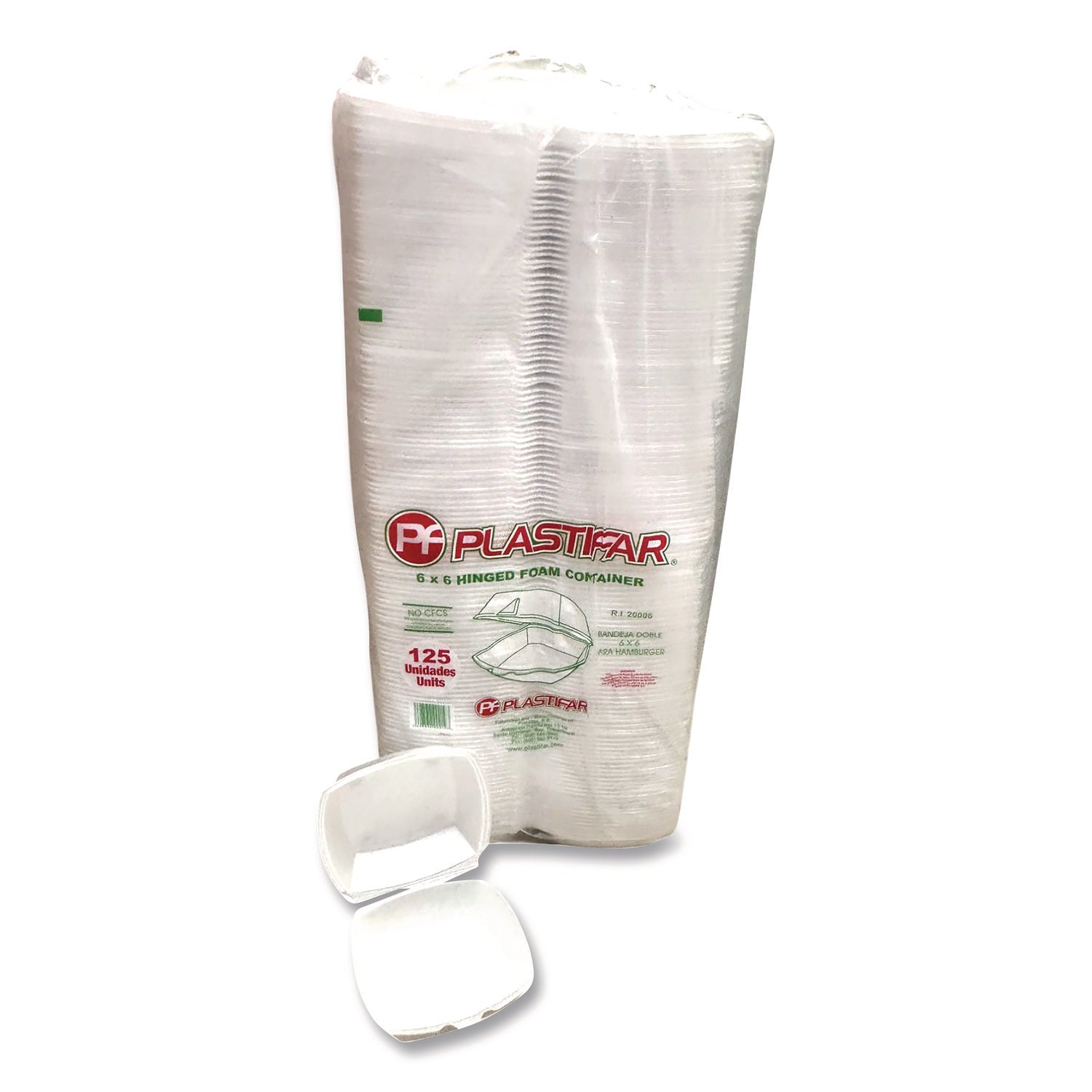 Plastifar Foam Hinged Lid Containers, 6 x 6 x 3, White, Foam, 500/Carton