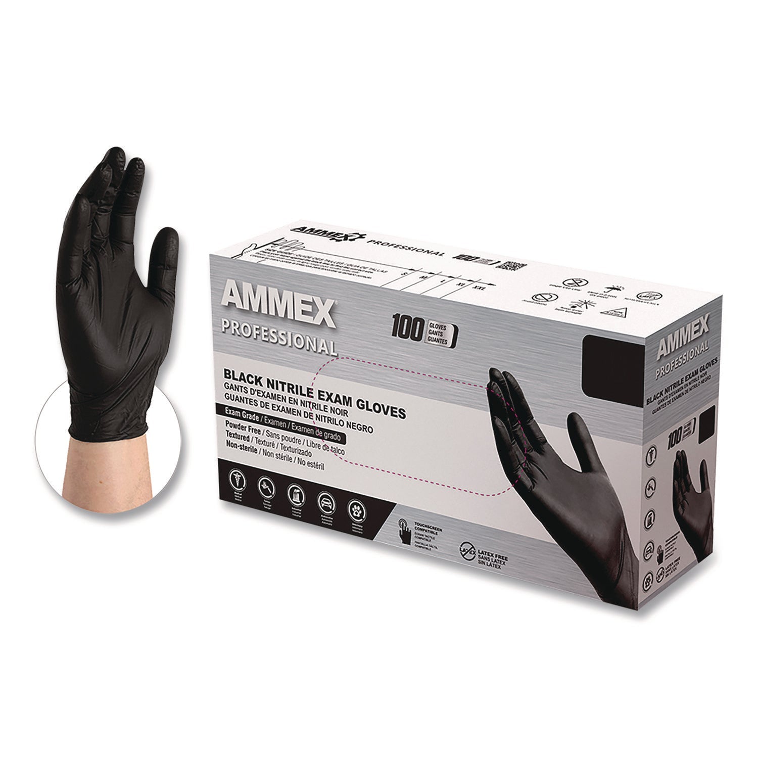 AMMEX® Professional Nitrile Exam Gloves, Powder-Free, Small, Black, 100/Box