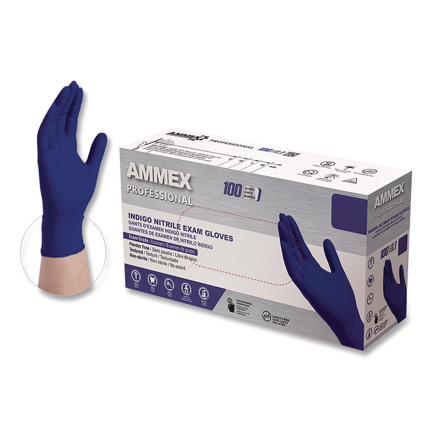 AMMEX® Professional Nitrile Exam Gloves, Powder-Free, Small, Indigo, 100/Box