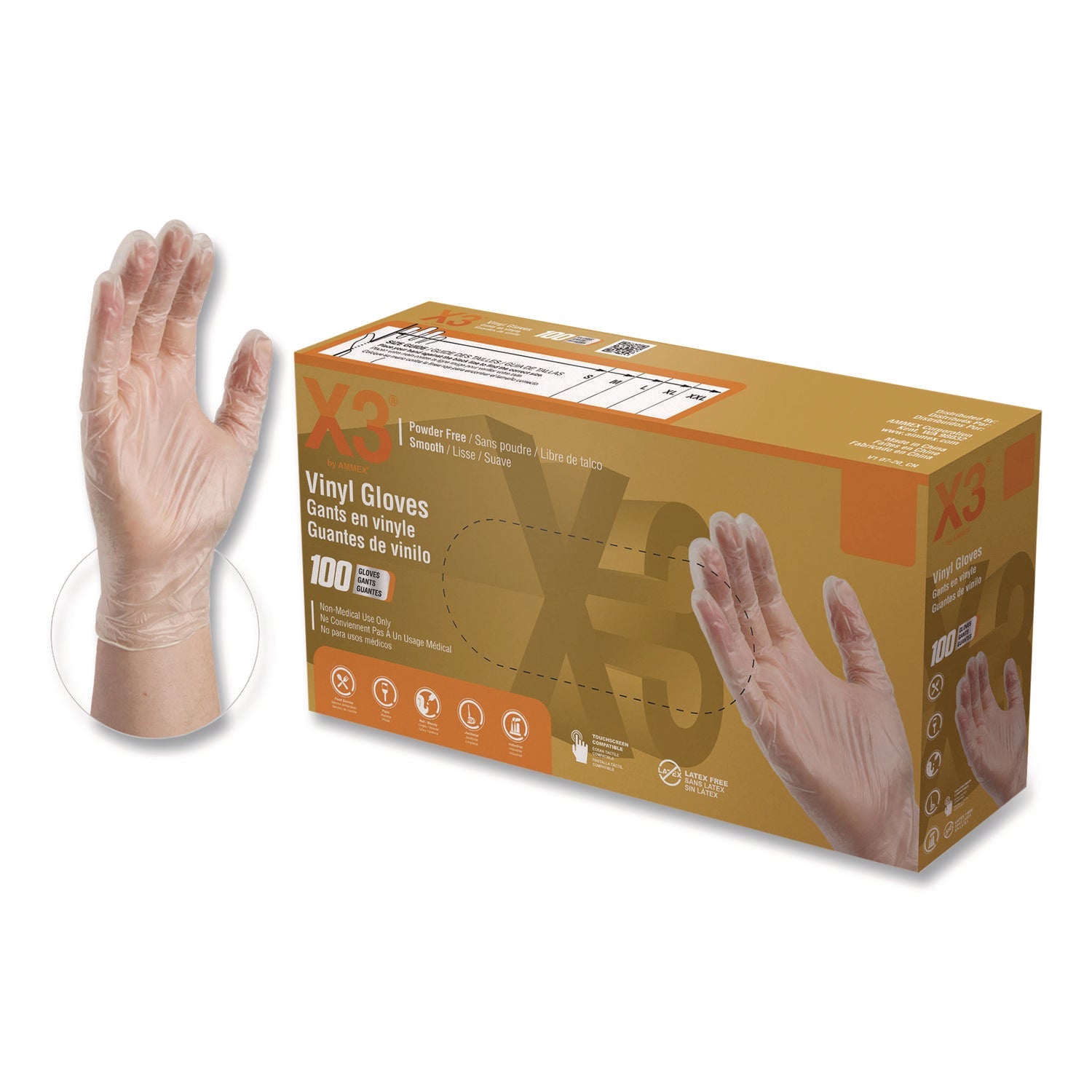 X3® by AMMEX® Industrial Vinyl Gloves, Small, Clear, 100/Box