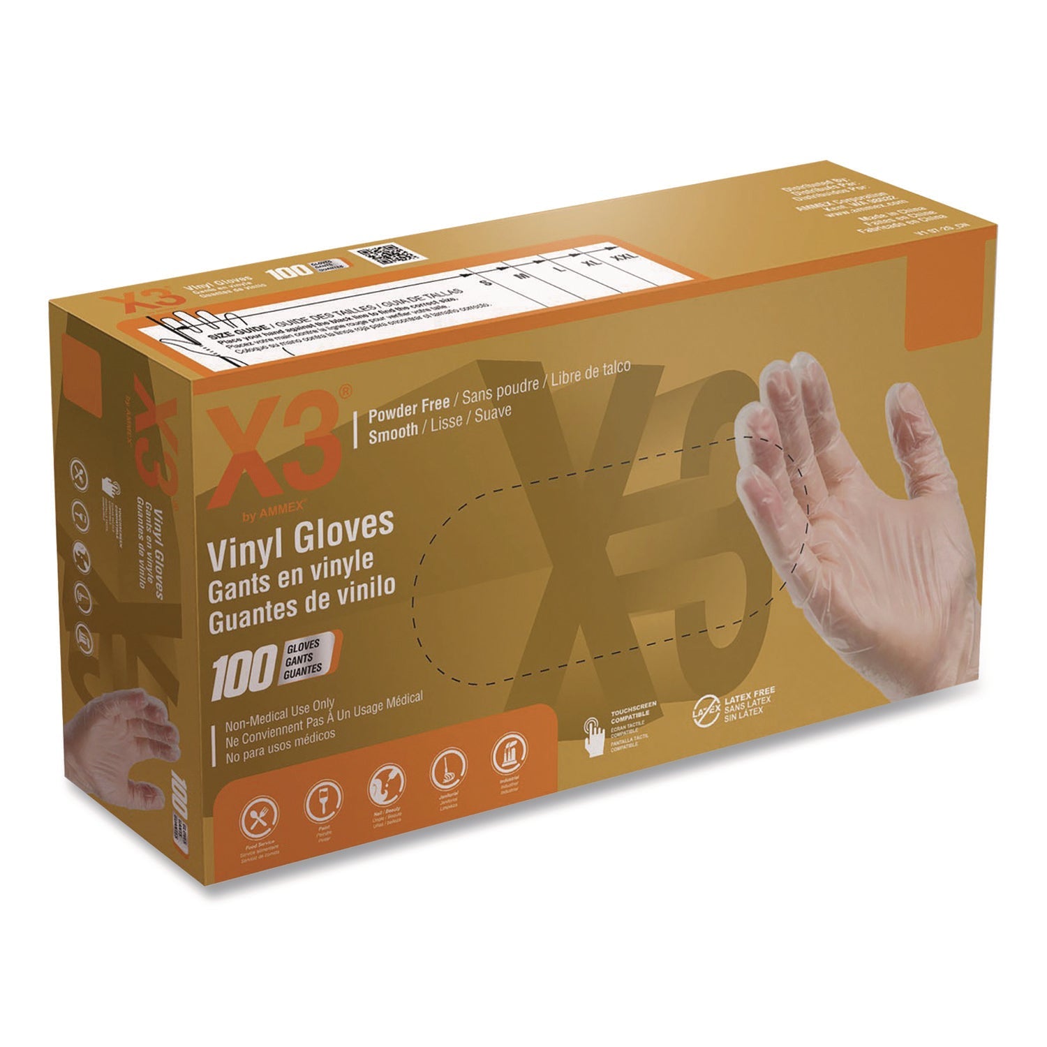 X3® by AMMEX® Industrial Vinyl Gloves, Small, Clear, 100/Box