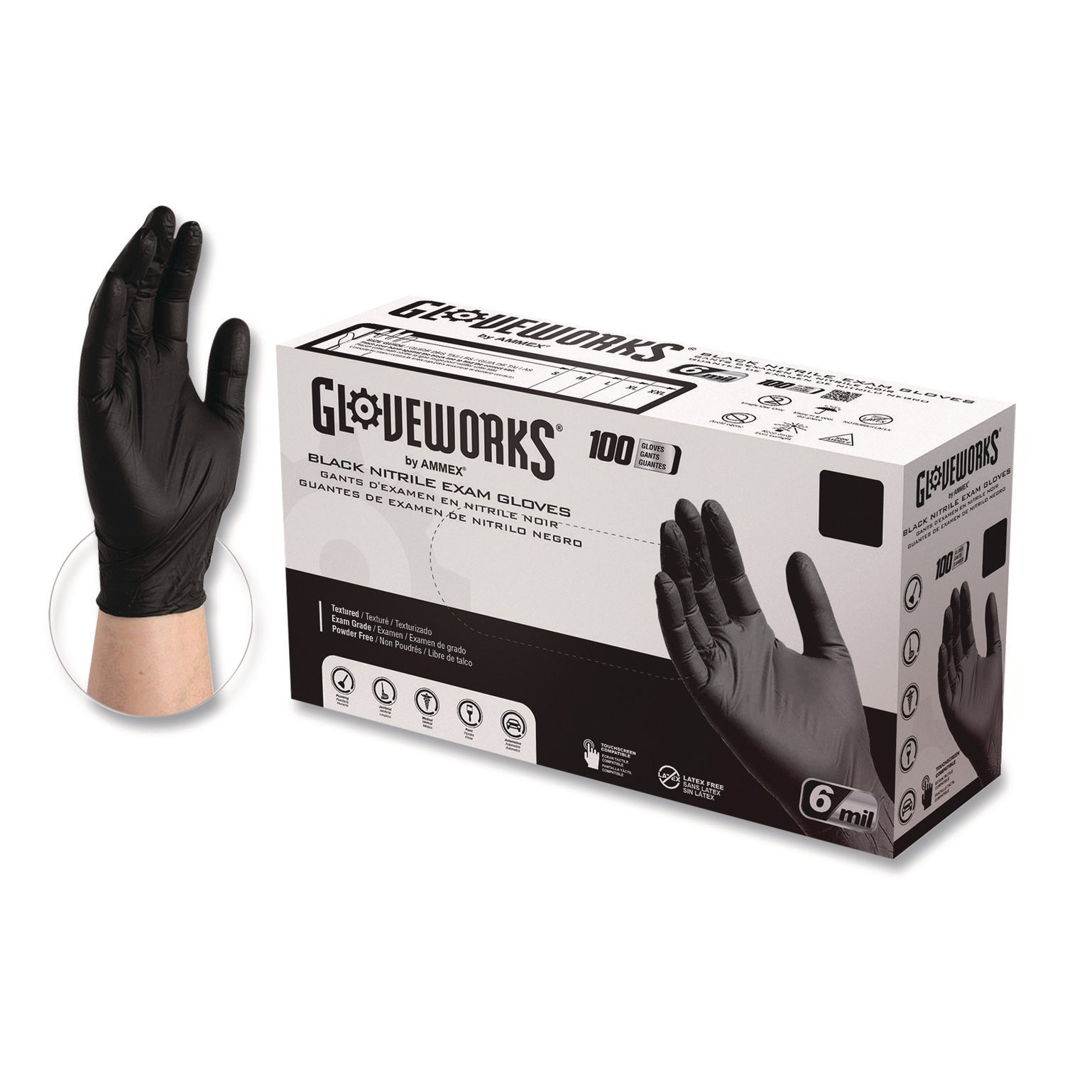 GloveWorks® by AMMEX® Nitrile Exam Gloves, 2X-Large, Black, 100/Box