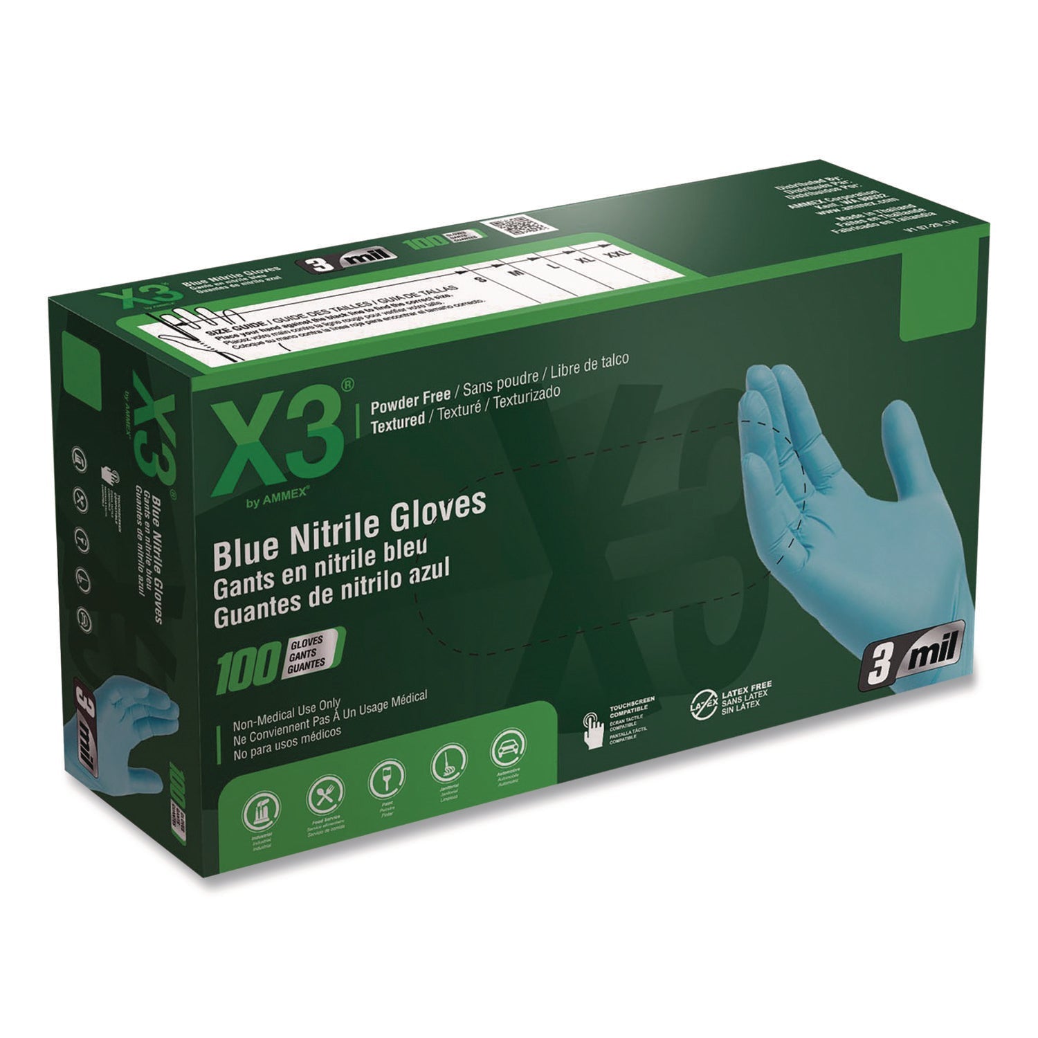 X3® by AMMEX® Industrial Nitrile Gloves, Medium, Blue, 100/Box