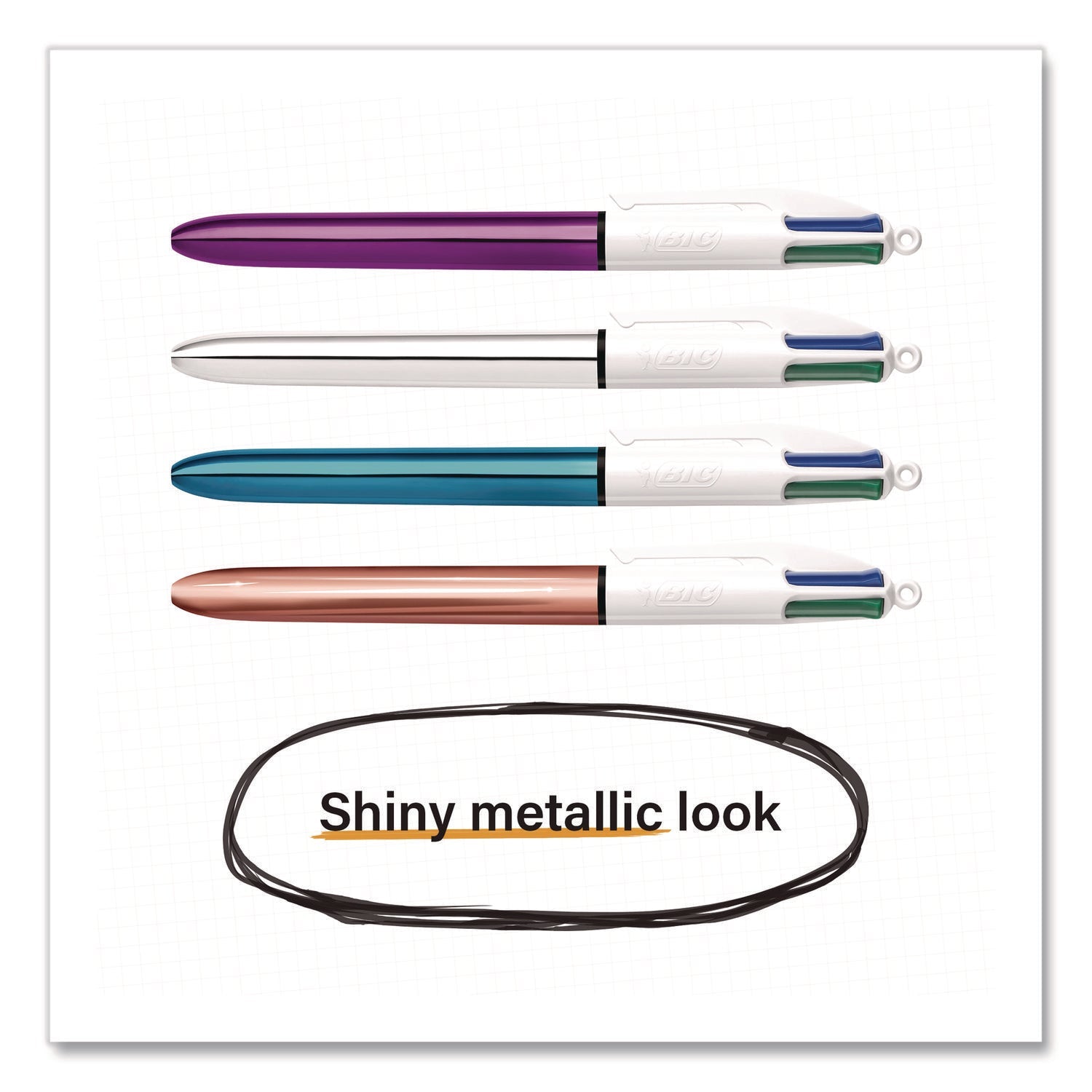 BIC® 4-Color Shine Multi-Color Ballpoint Pen, Retractable, Medium 1mm, Black/Blue/Green/Red Ink, Assorted Metallic Barrels, 3/Pack