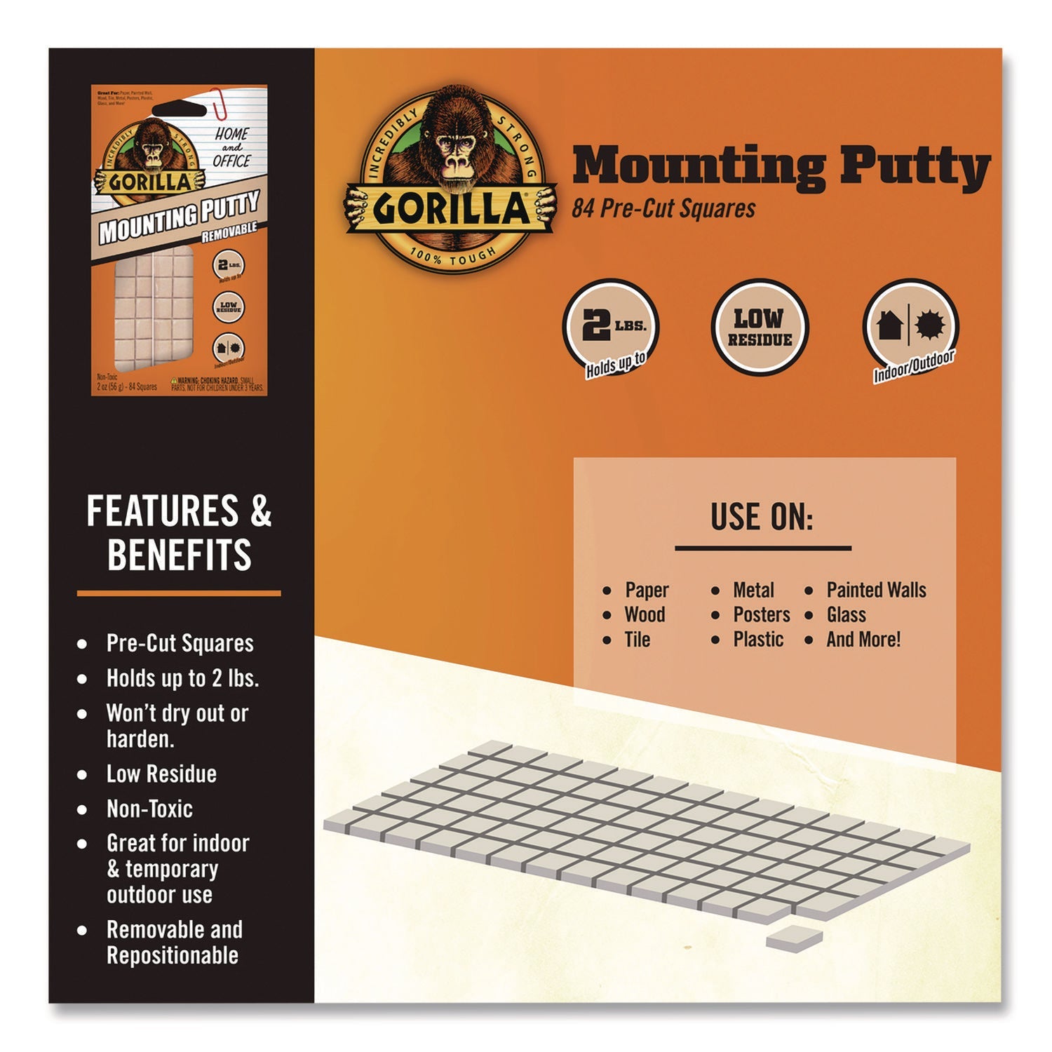 Gorilla® Removable Mounting Putty, Repositionable and Reusable, 2 oz, 84 Squares/Pack - Bloom Skins