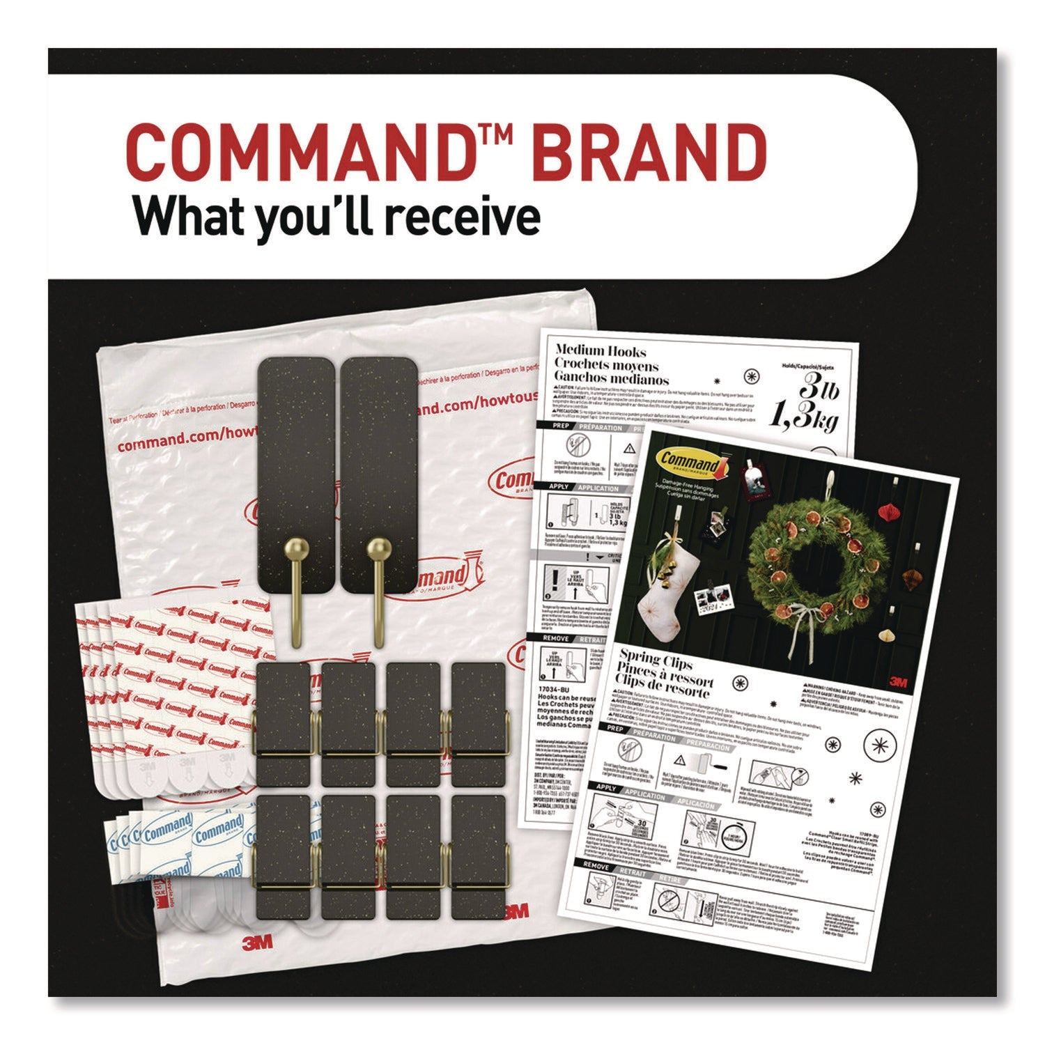 Command™ Limited Edition Hooks and Clips, Soot, 3 lb Capacity, 2 Hooks, 8 Clips and 12 Strips/Pack - Bloom Skins