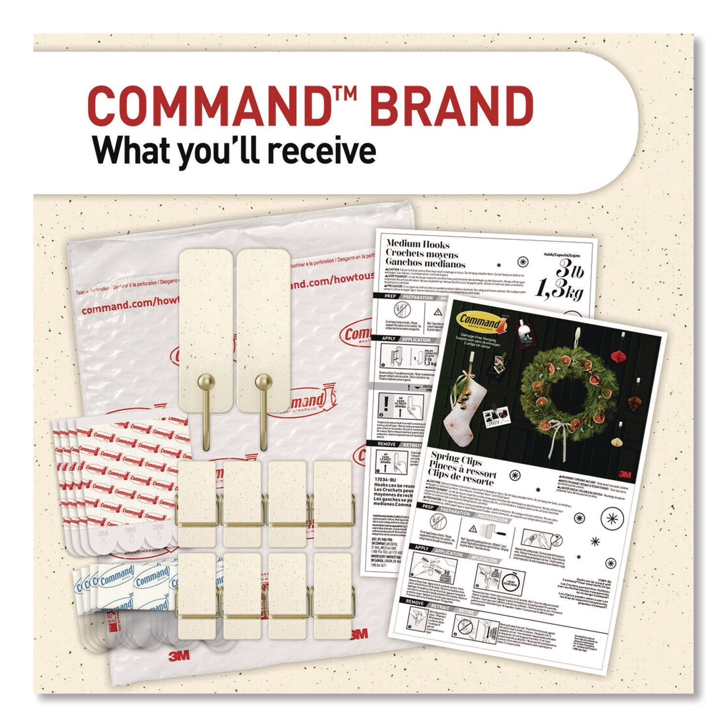 Command™ Limited Edition Hooks and Clips, Vanilla Bean, 3 lb Capacity, 2 Hooks, 8 Clips and 12 Strips/Pack - Bloom Skins