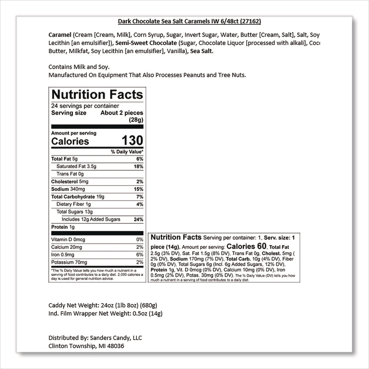 Sanders® Small Batch Wonders Snack Size Dark Chocolate Sea Salt Caramels, 0.5 oz Individually Wrapped, 48/Box - Bloom Skins