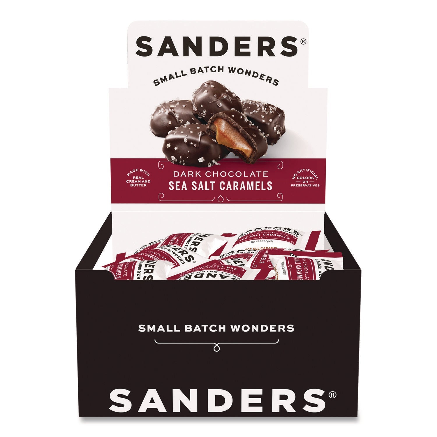 Sanders® Small Batch Wonders Snack Size Dark Chocolate Sea Salt Caramels, 0.5 oz Individually Wrapped, 48/Box - Bloom Skins