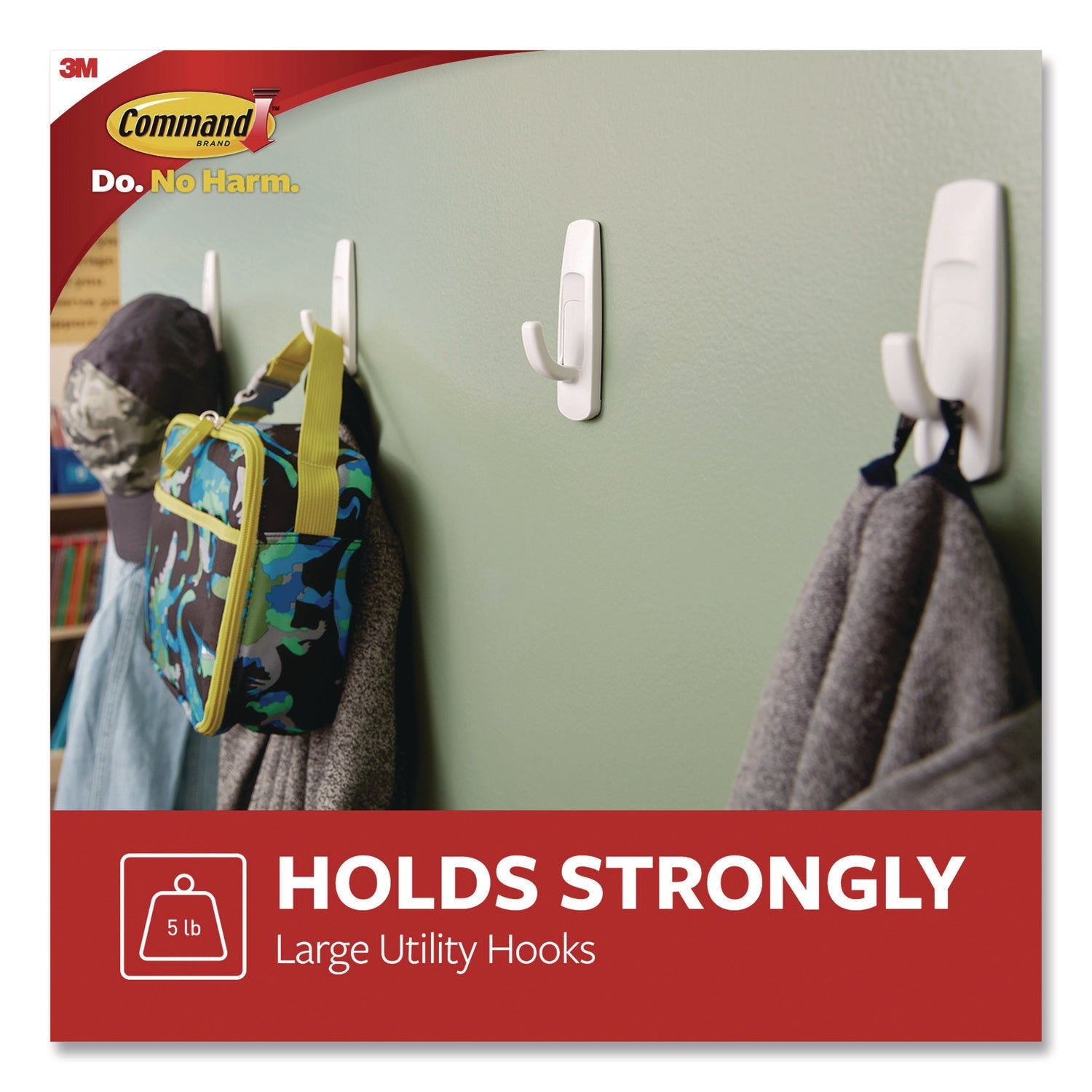 Command™ General Purpose Hooks, Large, Plastic, White, 5 lb Capacity, 12 Hooks and 18 Strips/Pack