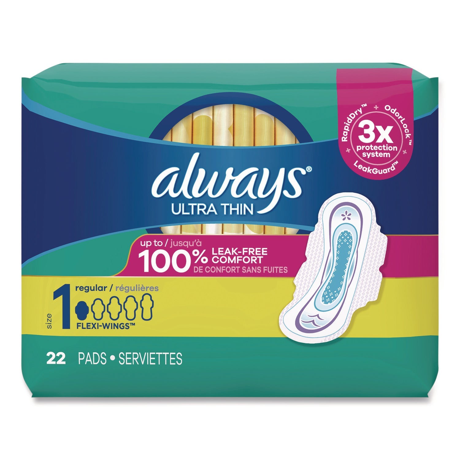 Always® Ultra Thin Pads with Wings, Size 1, Regular Absorbency, 22 Pads/Pack, 12 Packs/Carton - Bloom Skins