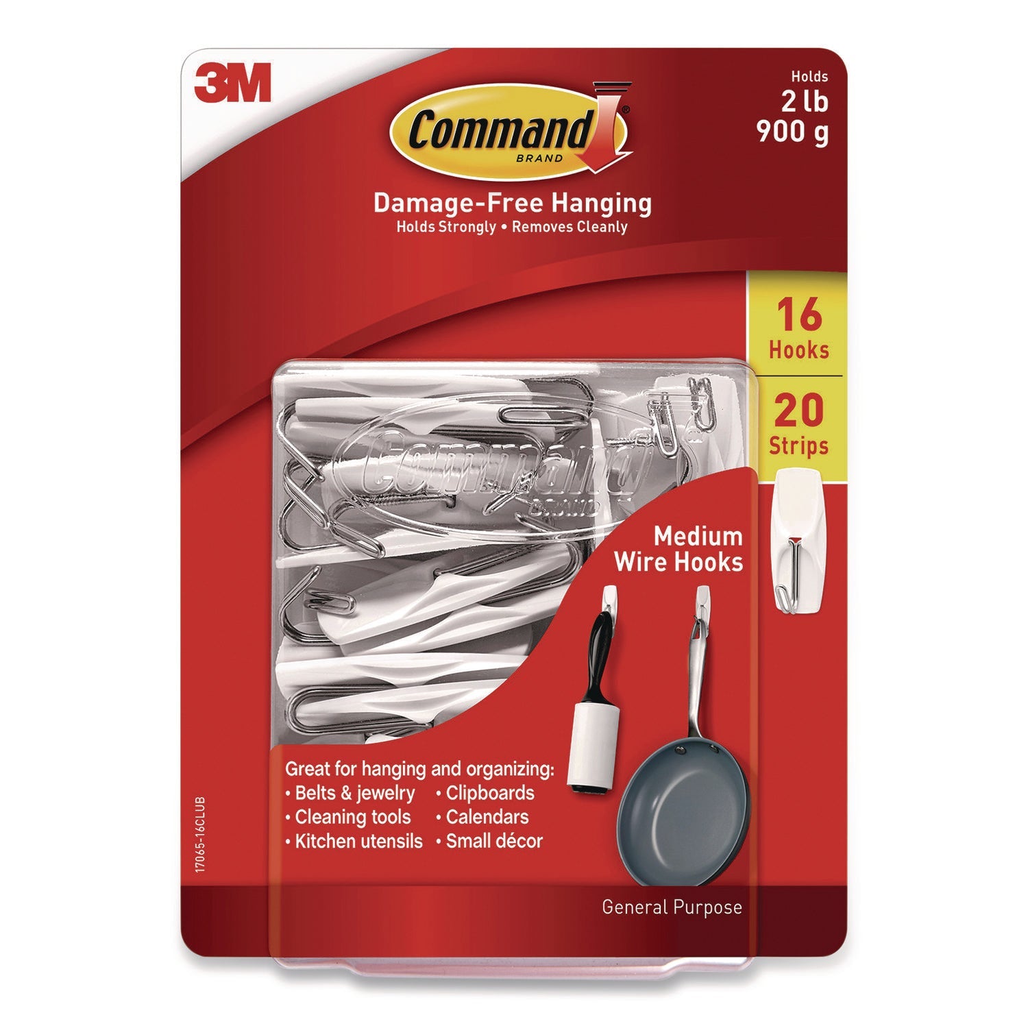 Command™ General Purpose Wire Hooks, Medium, Metal, White, 2 lb Capacity, 16 Hooks and 20 Strips/Pack