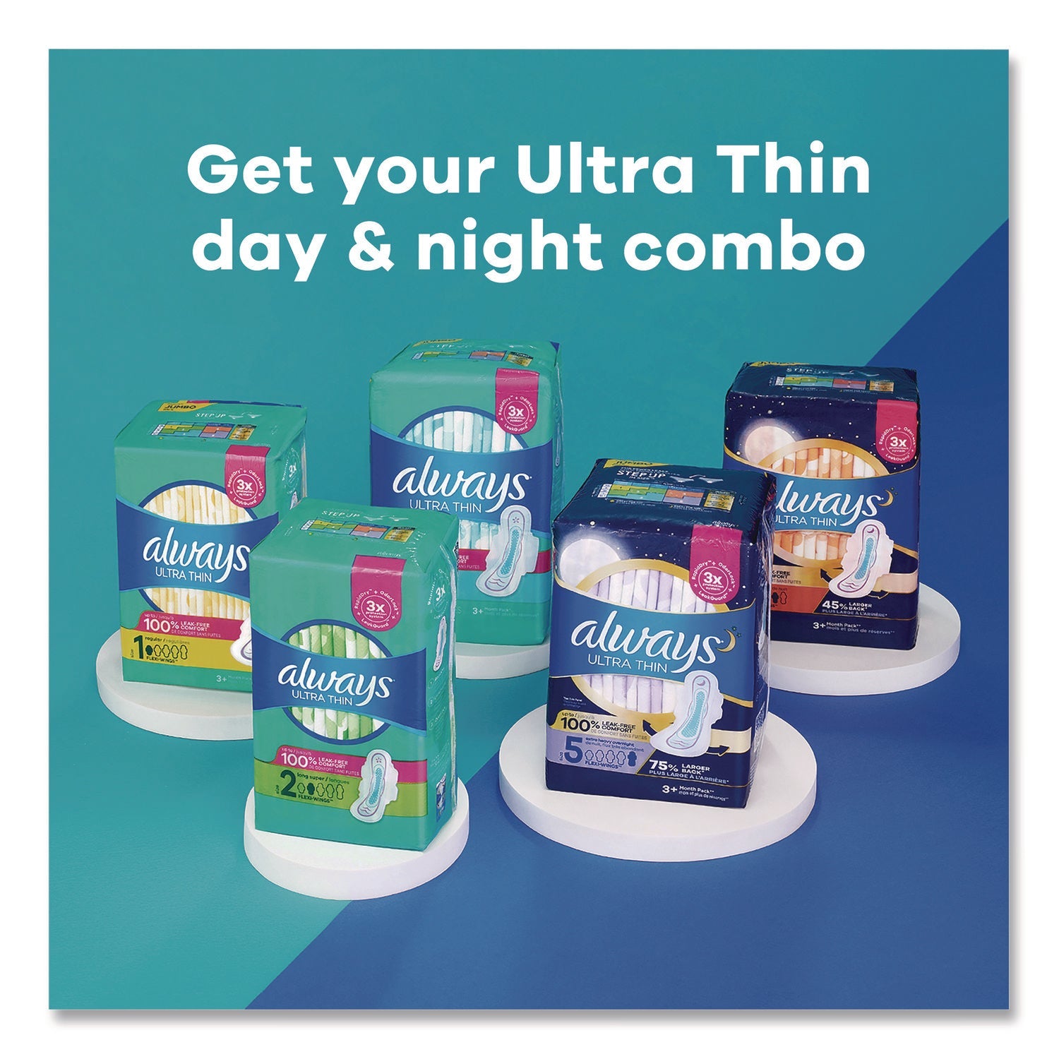 Always® Ultra Thin Pads with Wings, Size 1, Regular Absorbency, 22 Pads/Pack, 12 Packs/Carton - Bloom Skins