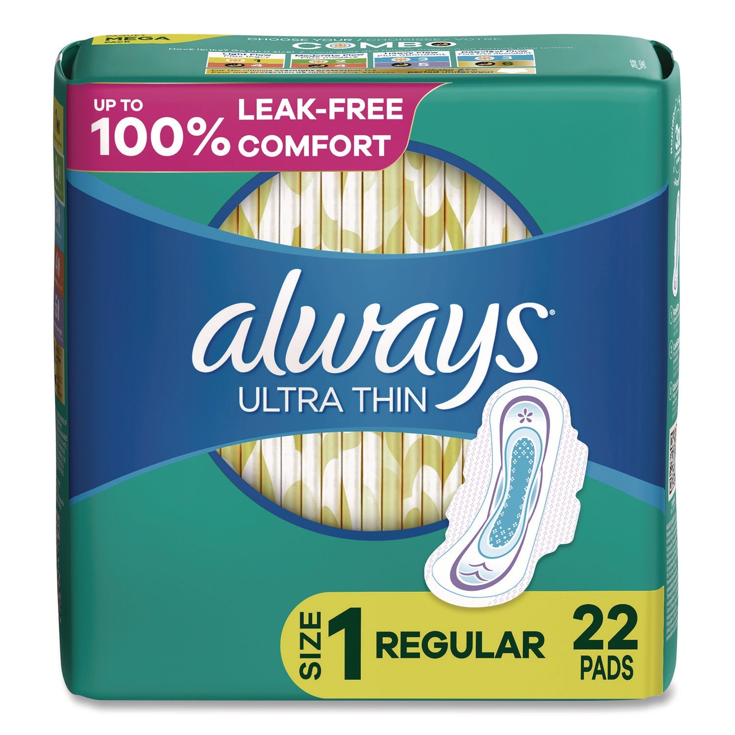 Always® Ultra Thin Pads with Wings, Size 1, Regular Absorbency, 22 Pads/Pack, 12 Packs/Carton - Bloom Skins