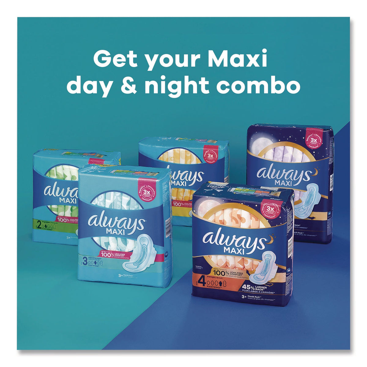 Always® Maxi Long Super Daytime Pad with Wings, Size 2, Super Absorbency, 18/Pack, 8 Packs/Carton - Bloom Skins