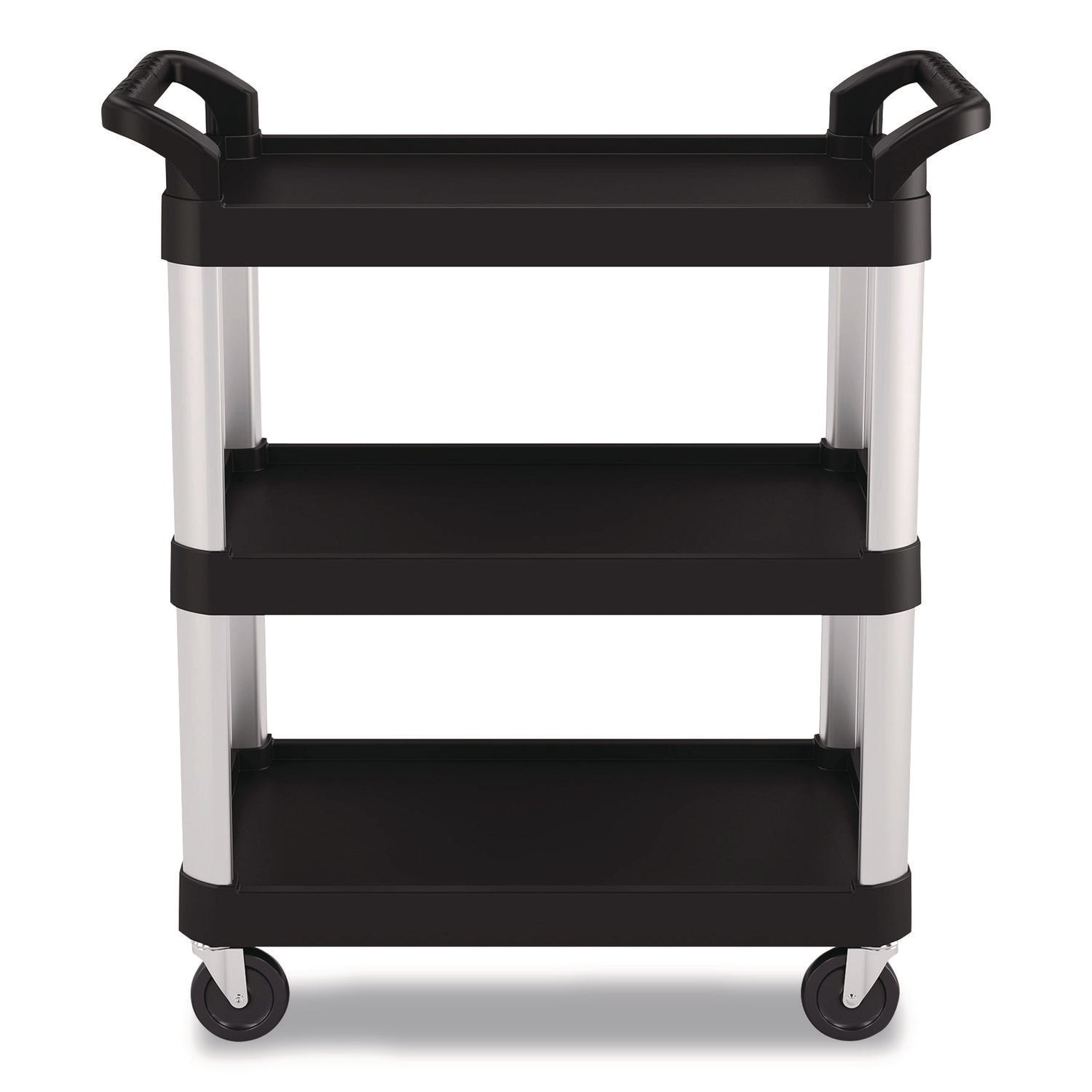 Suncast Commercial® Three-Shelf Service Cart, Metal/Plastic, 3 Shelves, 300 lb Capacity, 20" x 34" x 37.92", Black - Bloom Skins