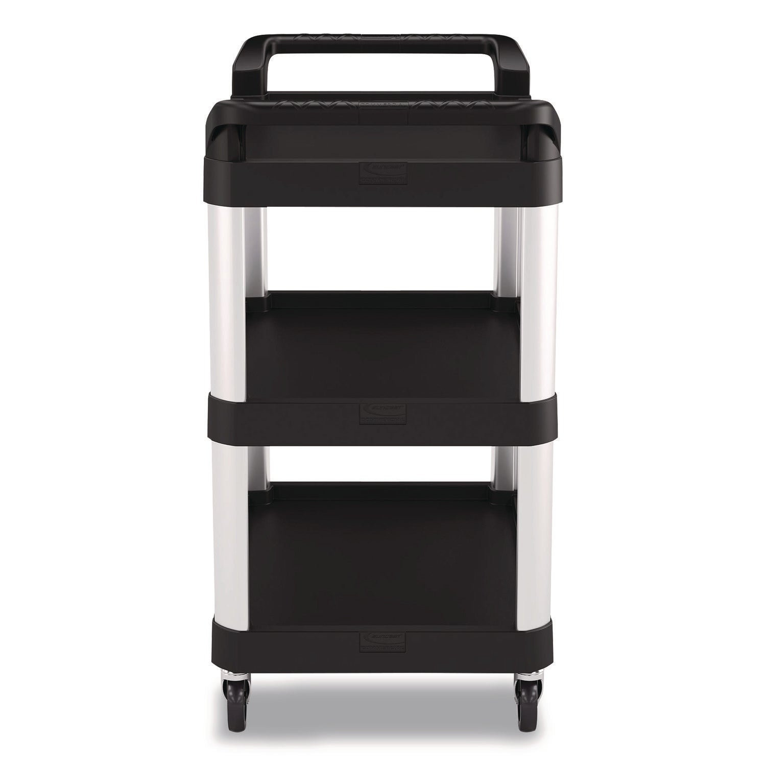 Suncast Commercial® Three-Shelf Service Cart, Metal/Plastic, 3 Shelves, 300 lb Capacity, 20" x 34" x 37.92", Black - Bloom Skins