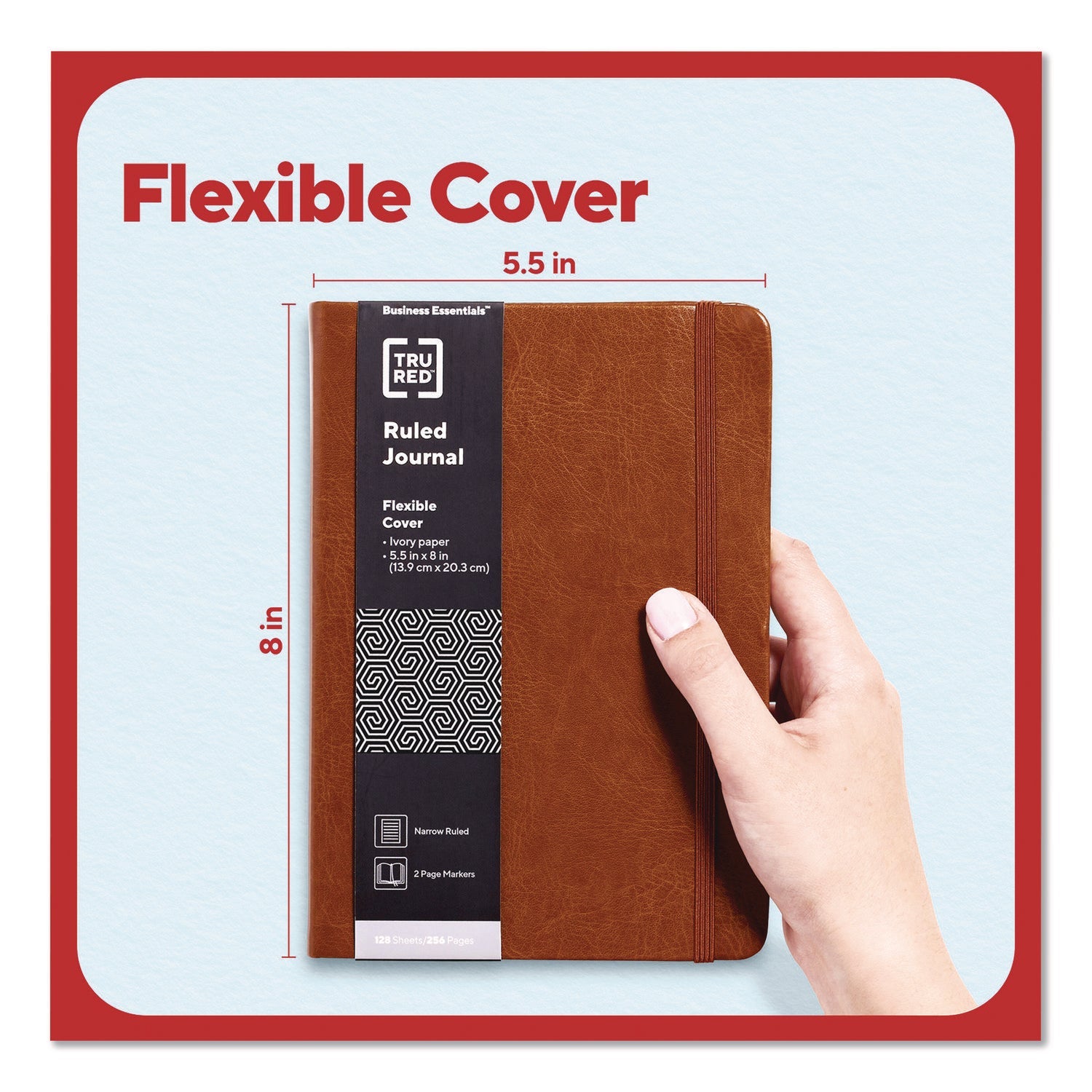 TRU RED™ Flexible-Cover Business Journal, Elastic Closure, 1-Subject, Narrow Rule, Cognac Cover, (128) 8 x 5.5 Sheets - Bloom Skins