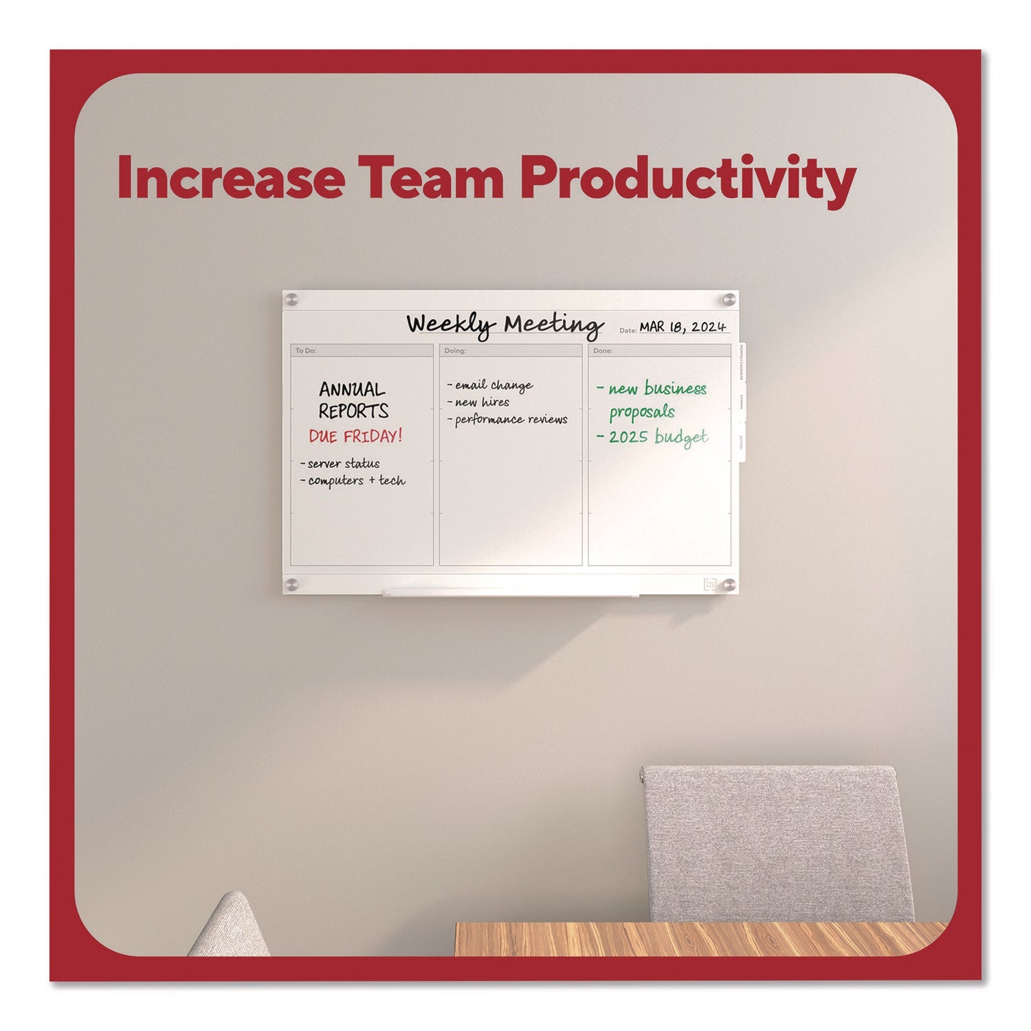 TRU RED™ Magnetic Glass Dry Erase Board with Templates, Six Views, 3 ft x 2 ft, White Surface - Bloom Skins