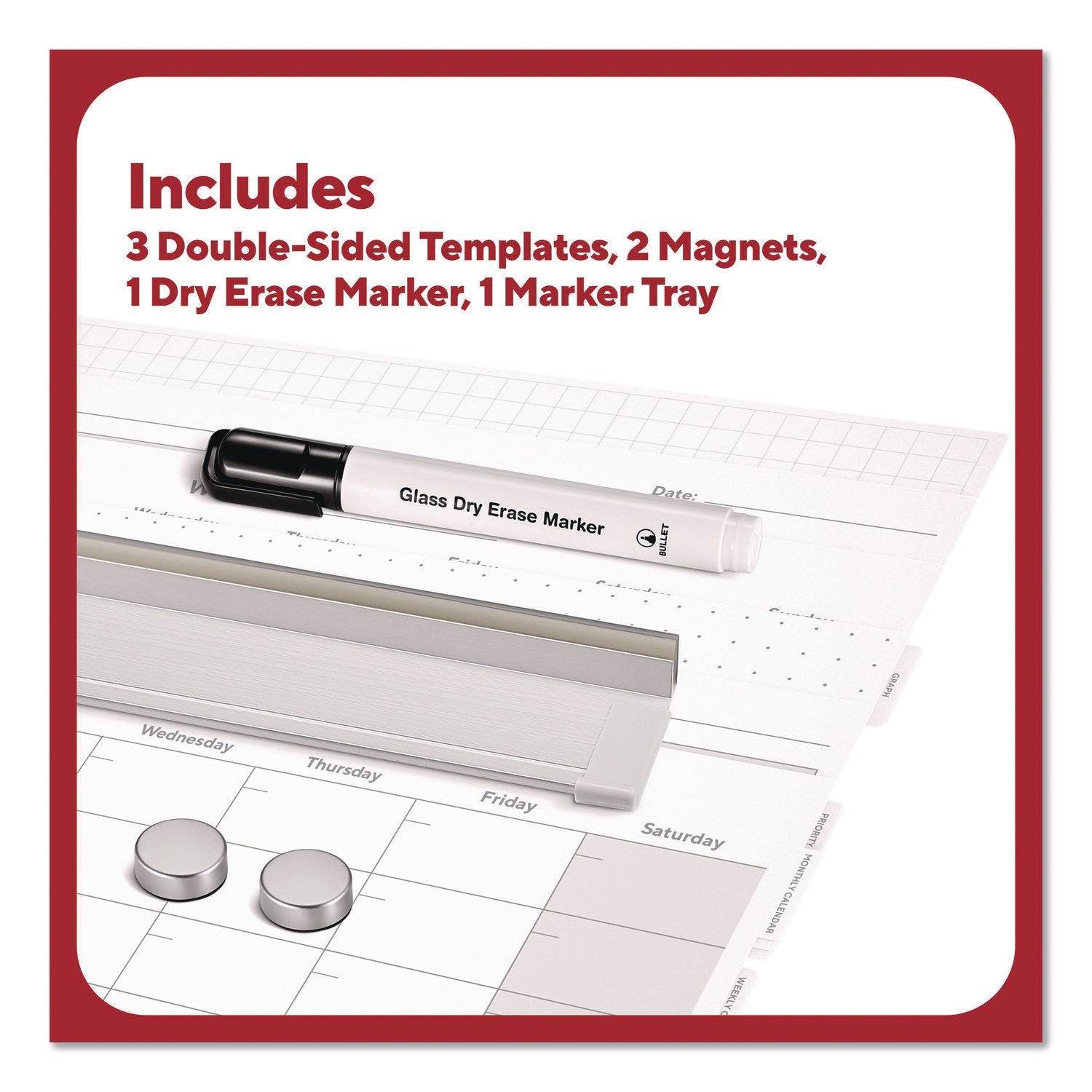 TRU RED™ Magnetic Glass Dry Erase Board with Templates, Six Views, 3 ft x 2 ft, White Surface - Bloom Skins