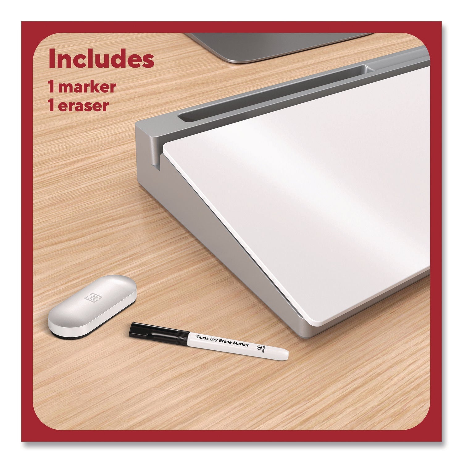 TRU RED™ Glass Desktop Dry Erase Board, 18.1" x 5.9", White Surface, Aluminum Frame - Bloom Skins