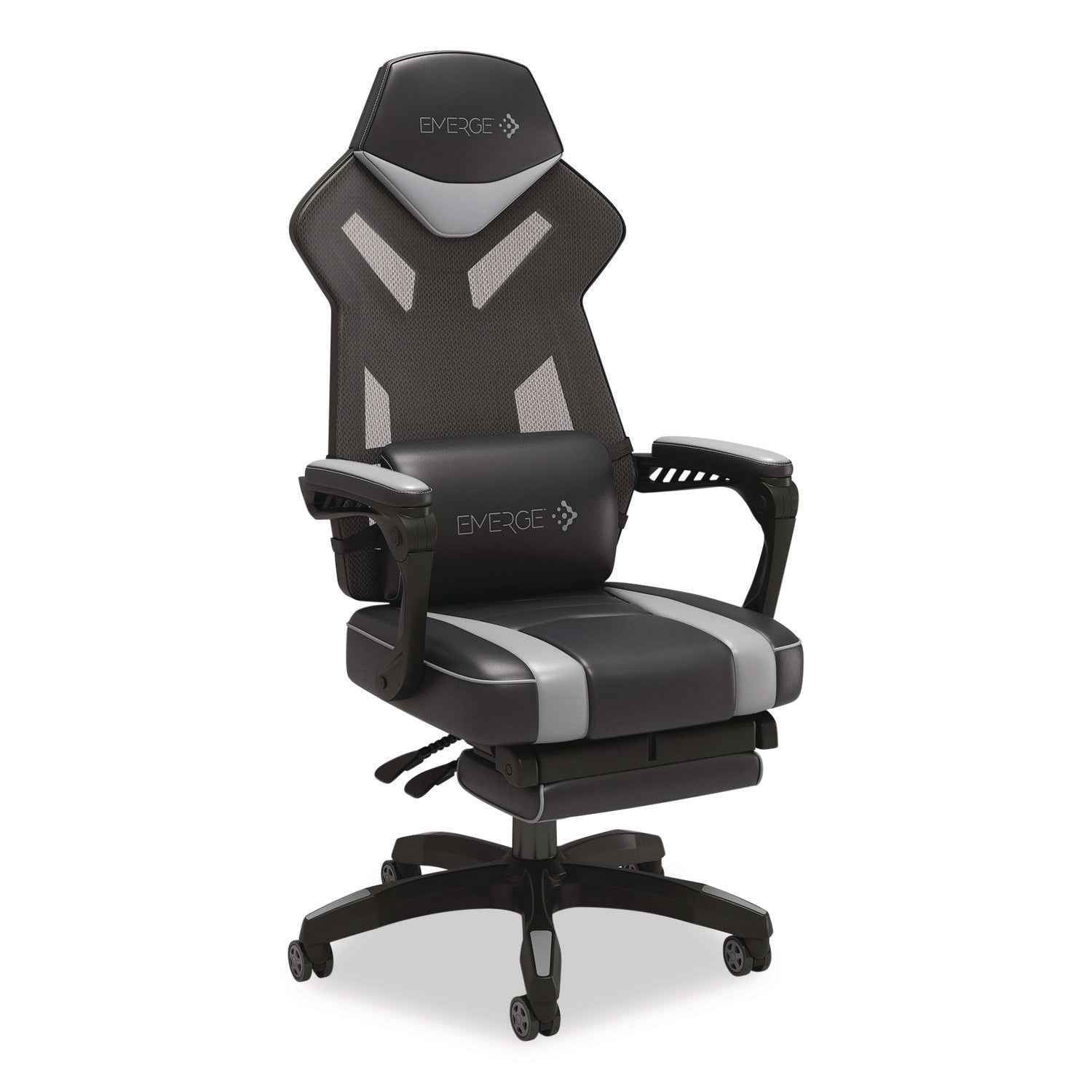 Emerge™ Vomax Bonded Leather Gaming Chair, Supports Up to 275 lb, 18.5" to 22.2" Seat Height, Black/Gray Back/Seat, Black Base