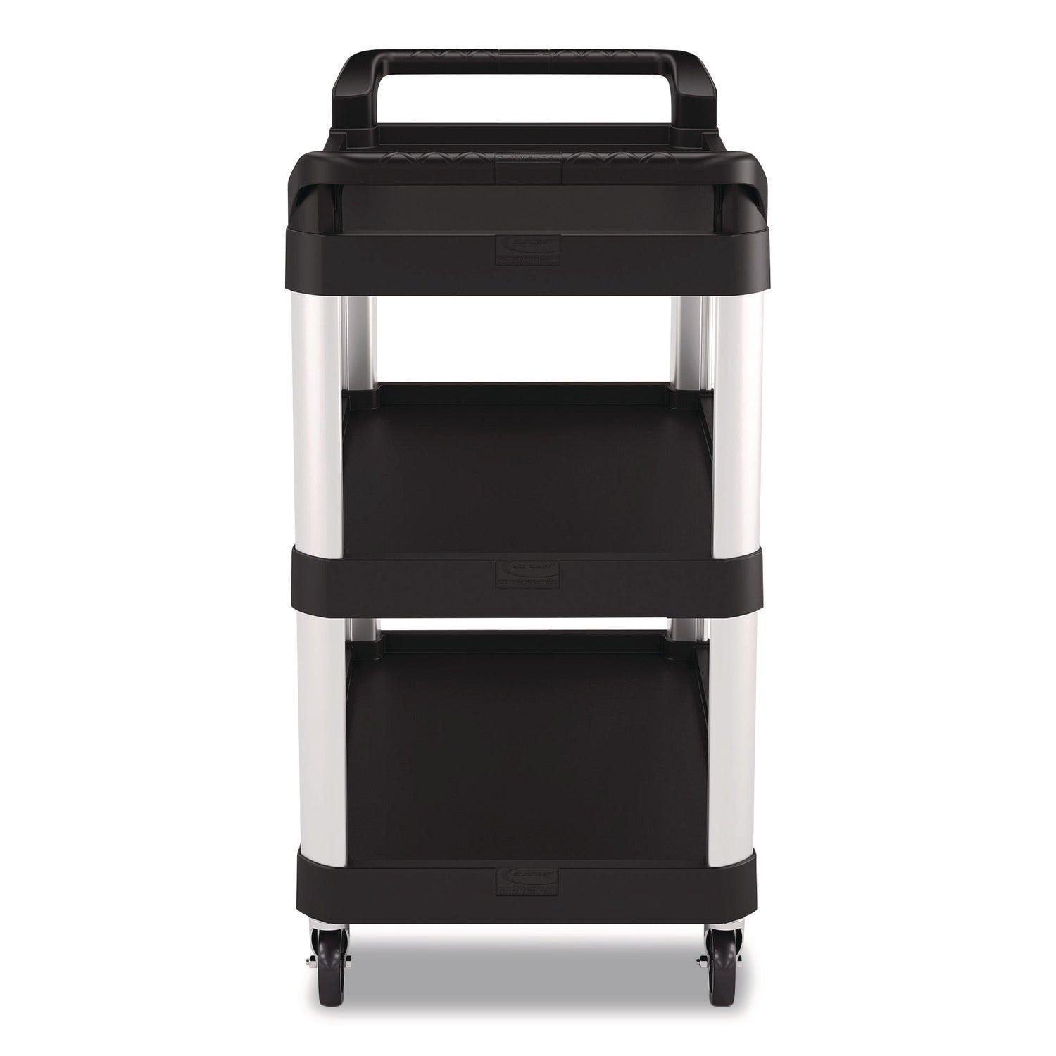 Suncast Commercial® Three-Shelf Service Cart, Metal/Plastic, 3 Shelves, 300 lb Capacity, 20" x 39.85" x 38.17", Black - Bloom Skins