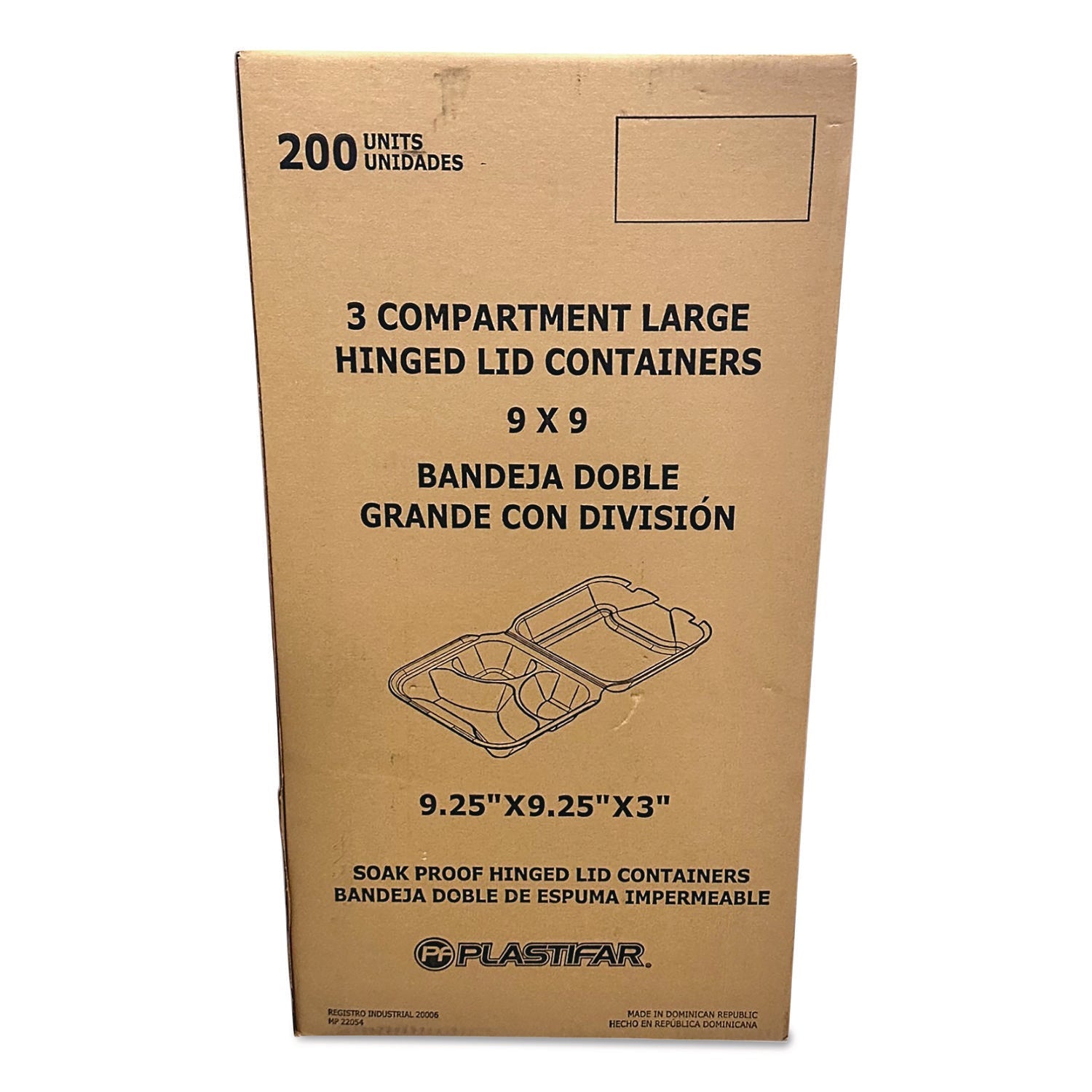 Plastifar Foam Hinged Lid Containers, 3-Compartment, 9 x 10 x 3, White, Foam, 200/Carton