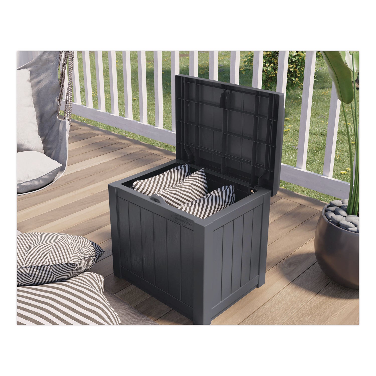 Suncast® Small Deck Box with Storage Seat, 2.94 cu ft, 22 x 17 x 20.5, Cyberspace - Bloom Skins