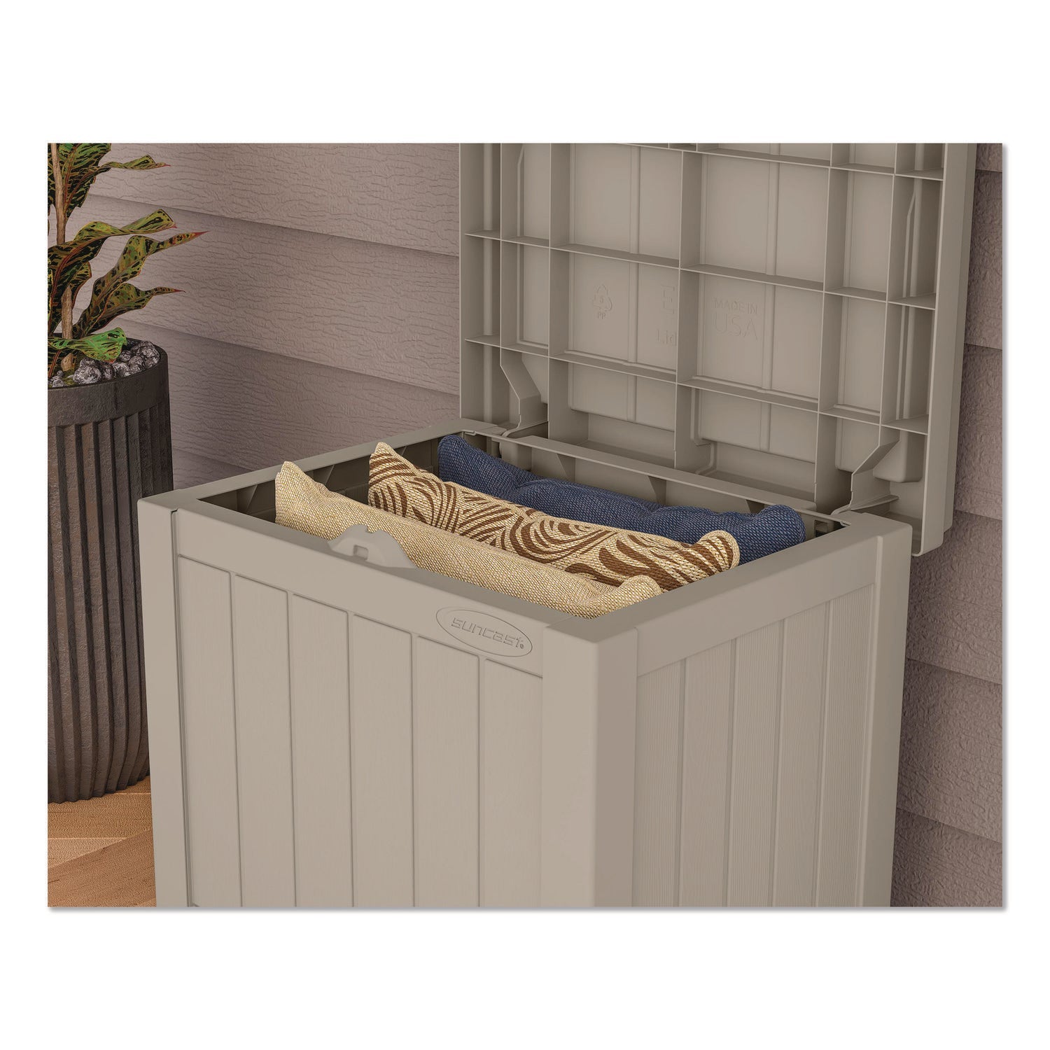 Suncast® Small Deck Box with Storage Seat, 2.94 cu ft, 22 x 17 x 20.5, Light Taupe - Bloom Skins