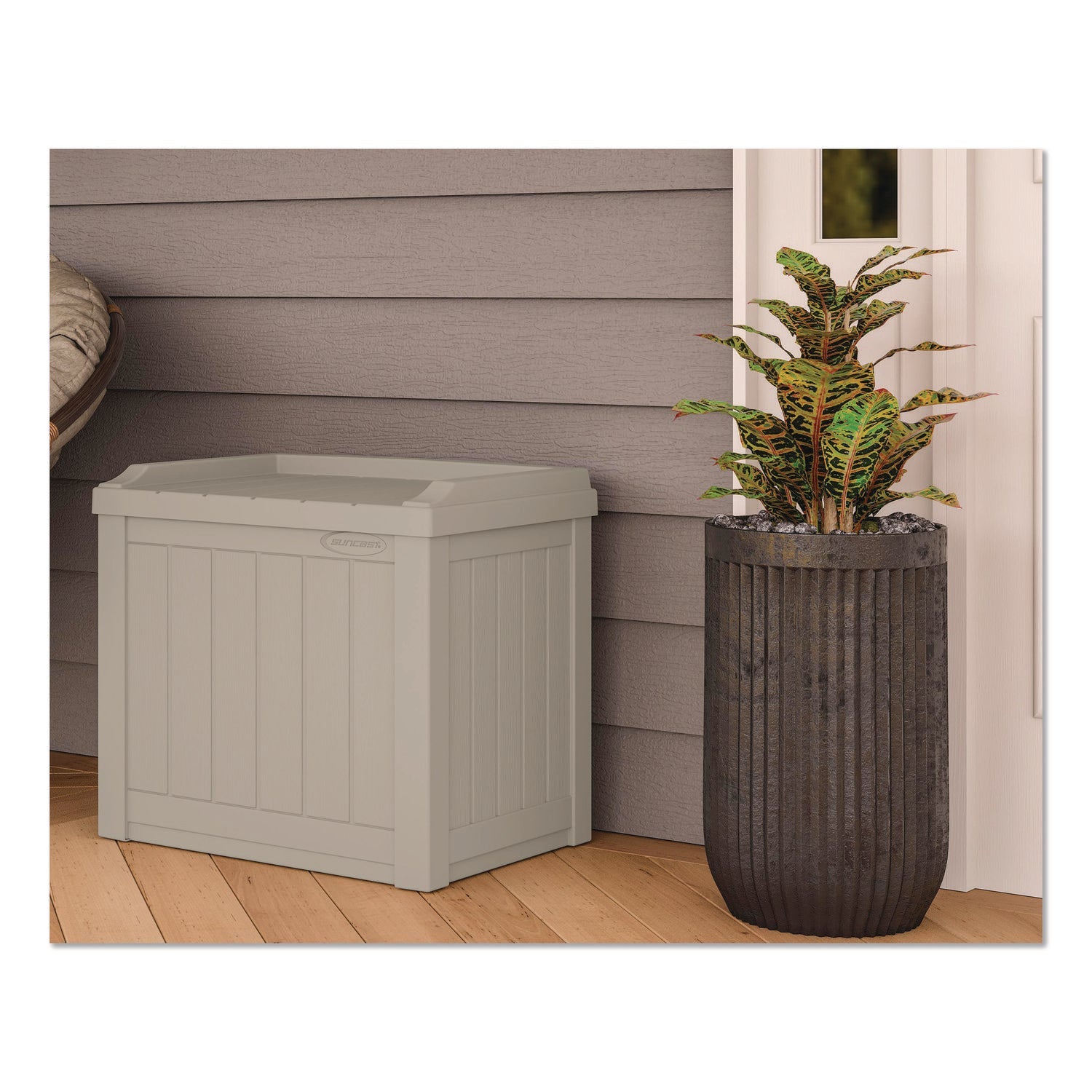 Suncast® Small Deck Box with Storage Seat, 2.94 cu ft, 22 x 17 x 20.5, Light Taupe - Bloom Skins