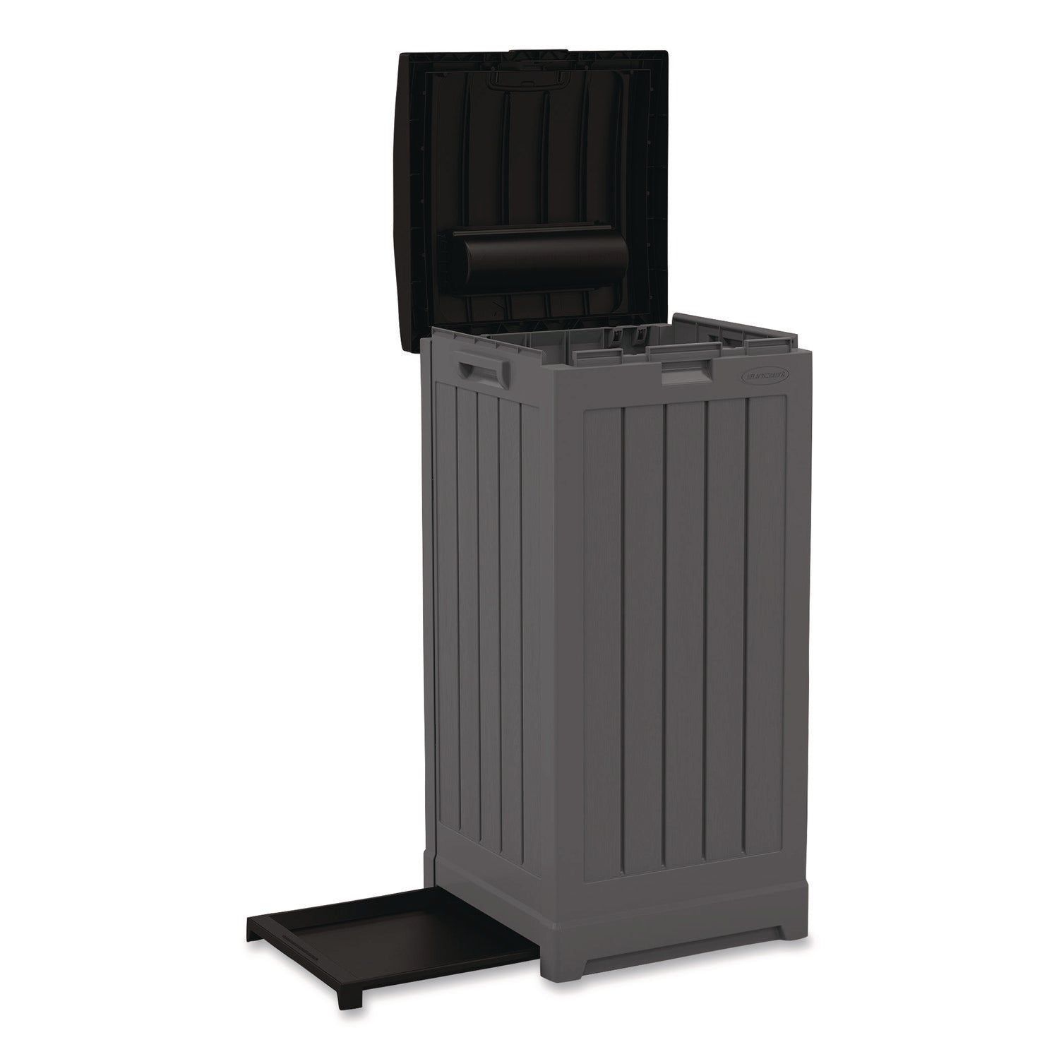 Suncast® 36 to 39 Gallon Trash Hideaway, Plastic/Resin, Peppercorn/Black - Bloom Skins