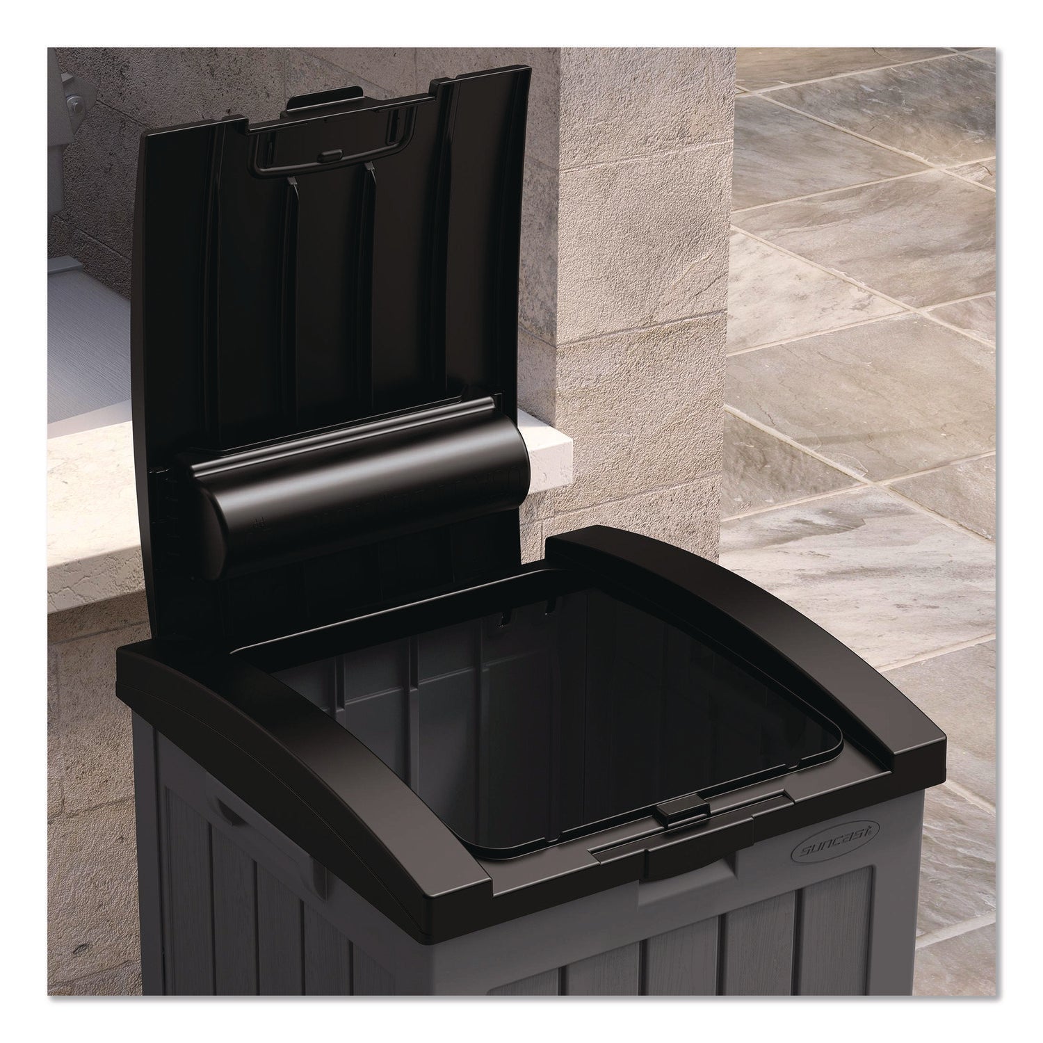 Suncast® 36 to 39 Gallon Trash Hideaway, Plastic/Resin, Peppercorn/Black - Bloom Skins