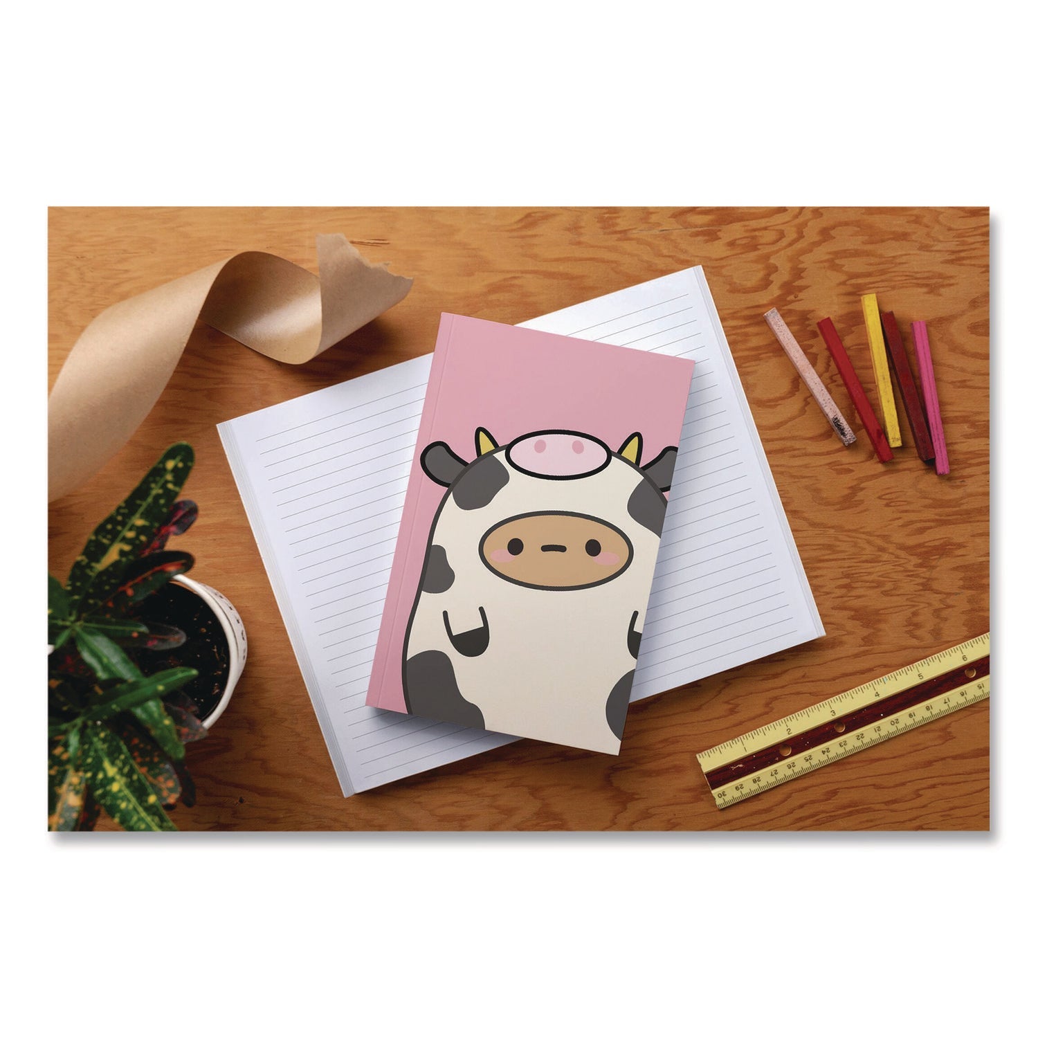 Denik Smoko Tayto Mootato Layflat Notebook, 1 Subject, Medium/College Rule, Pink/White/Brown Cover, (72) 8 x 5 Sheets