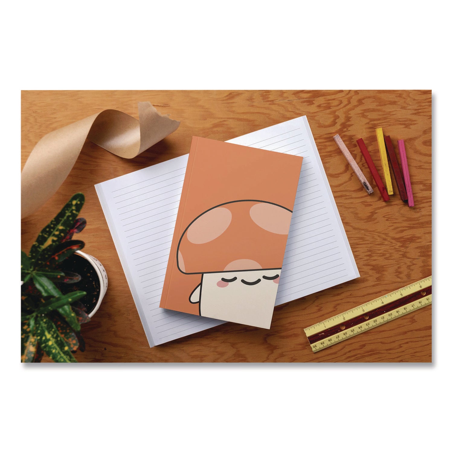 Denik Smoko Kai Mushroom Layflat Notebook, 1 Subject, Medium/College Rule, Orange/White Cover, (72) 8 x 5 Sheets