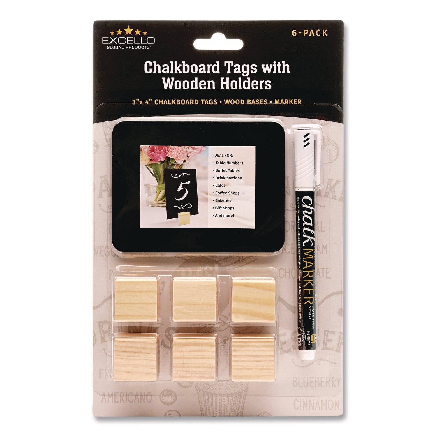 Excello Global Products® Tabletop Chalkboard Tag, Black Surface, Teak Wood Holder, 3 x 4, 6/Pack - Bloom Skins