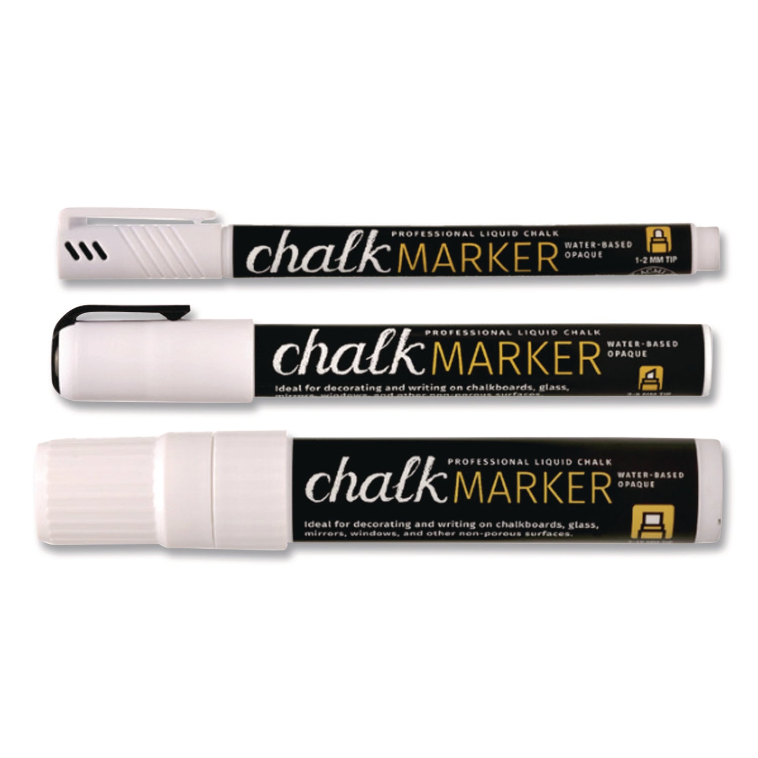 Excello Global Products® Liquid Chalk Markers, Assorted Tip Sizes and Types, White, 3/Pack