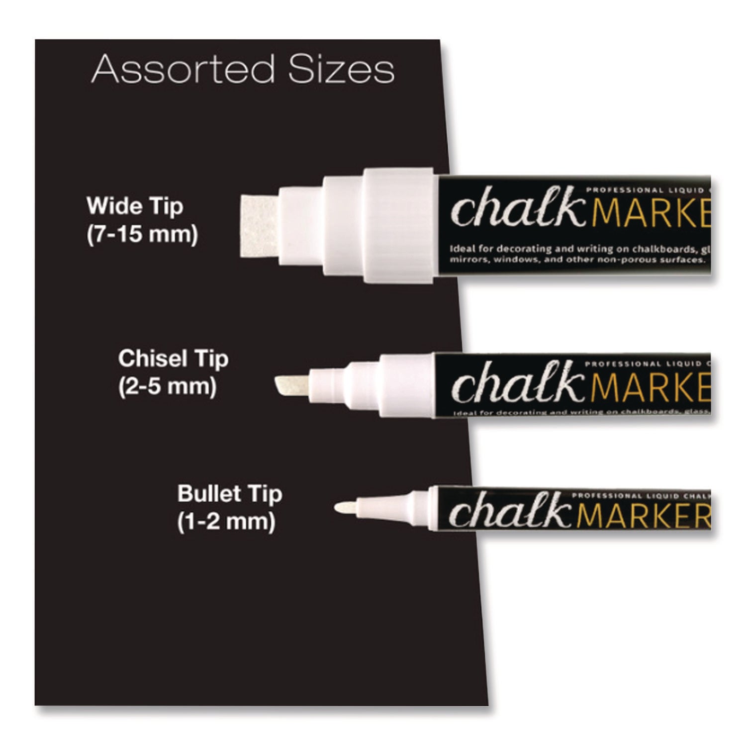 Excello Global Products® Liquid Chalk Markers, Assorted Tip Sizes and Types, White, 3/Pack