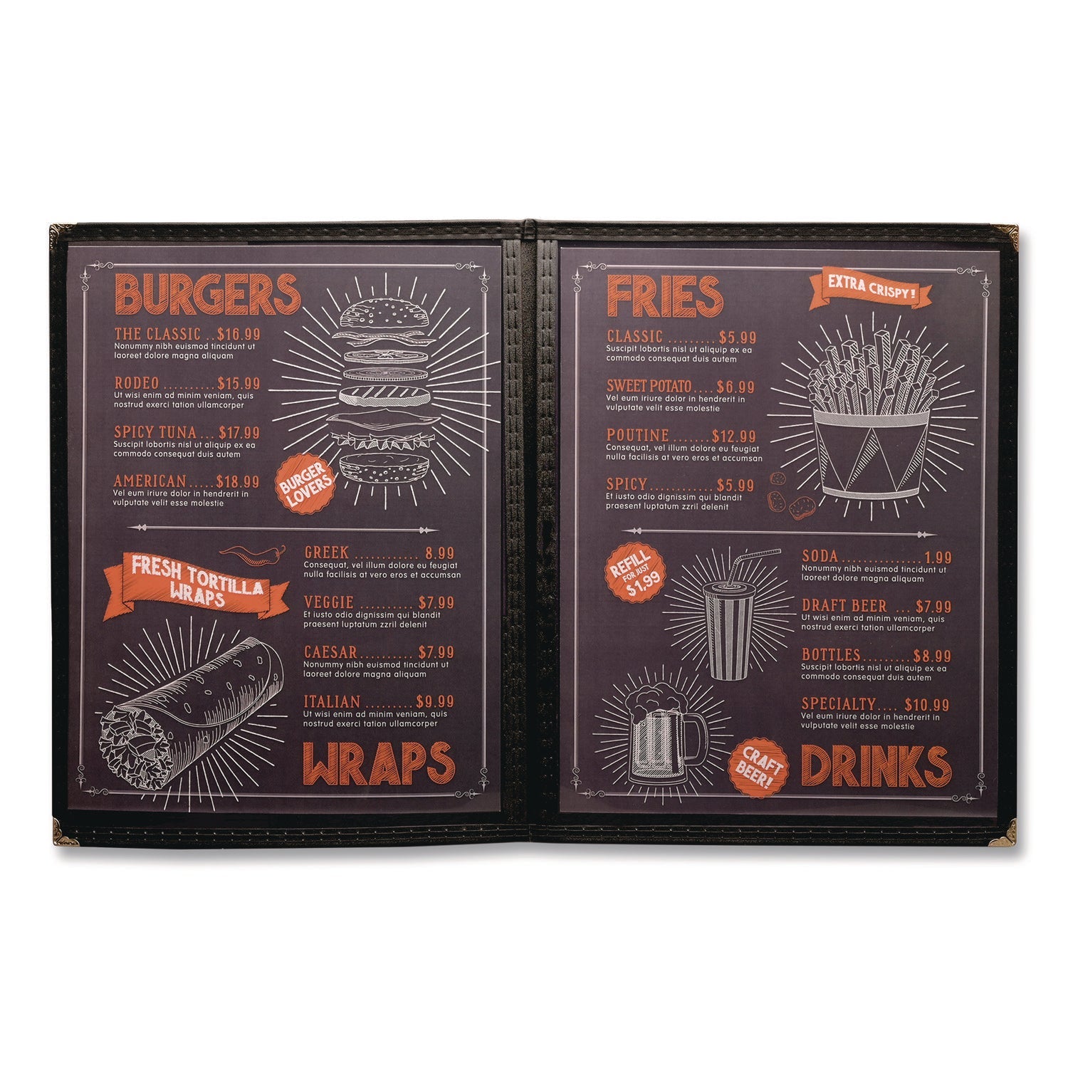 Excello Global Products® Menu Holder For 8.5 x 11 Menus, Portrait Orientation 4-View, 9.6 x 11.9, Clear/Black/Silver - Bloom Skins