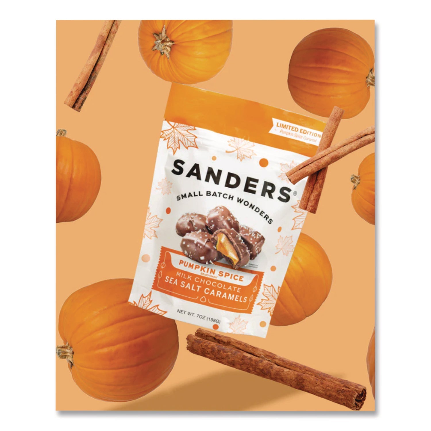 Sanders® Small Batch Wonders Pumpkin Spice Milk Chocolate Sea Salt Caramels, 7 oz Packet - Bloom Skins