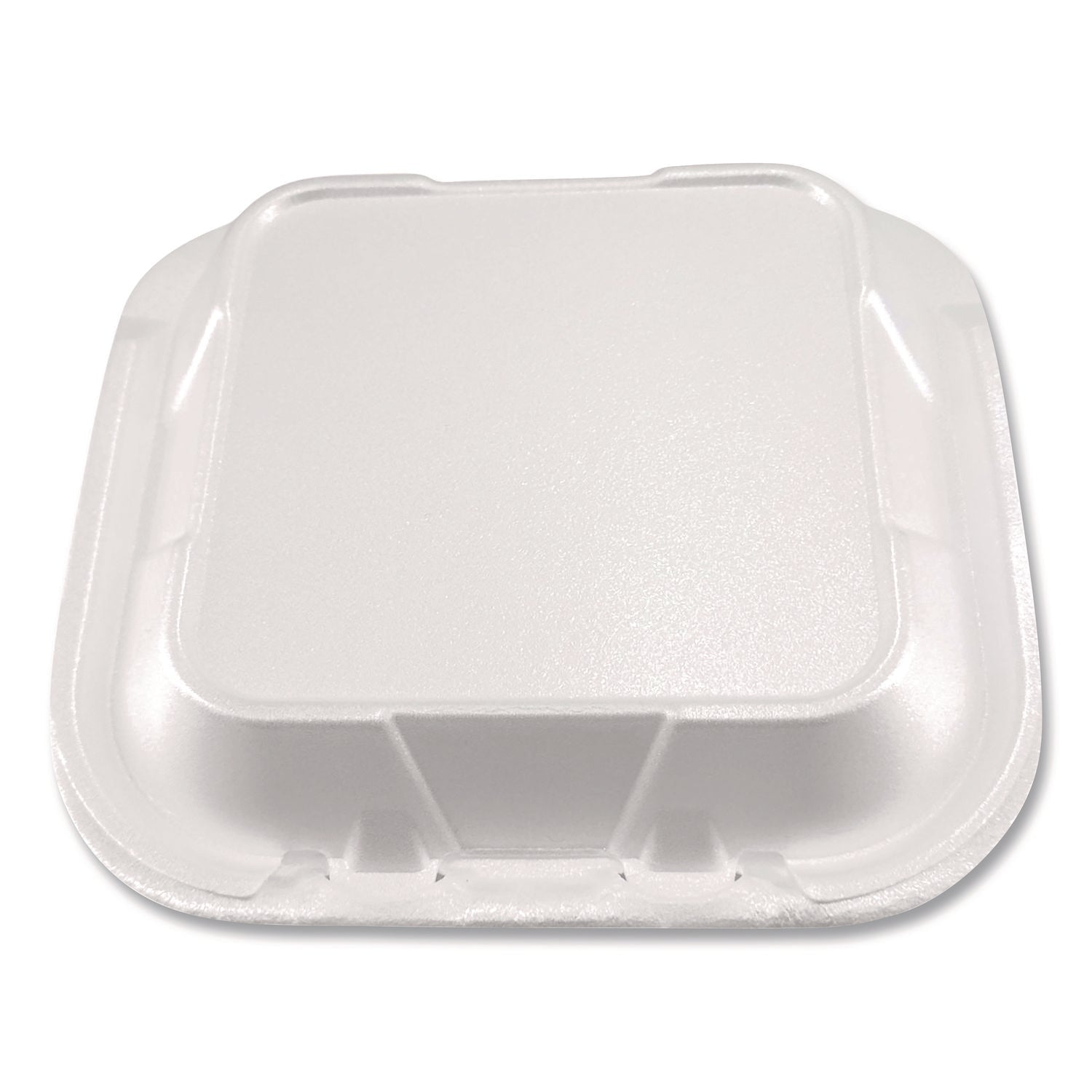 Plastifar Foam Hinged Lid Containers, 3-Compartment, 8.56 x 8 x 2.76, White, Foam, 200/Carton