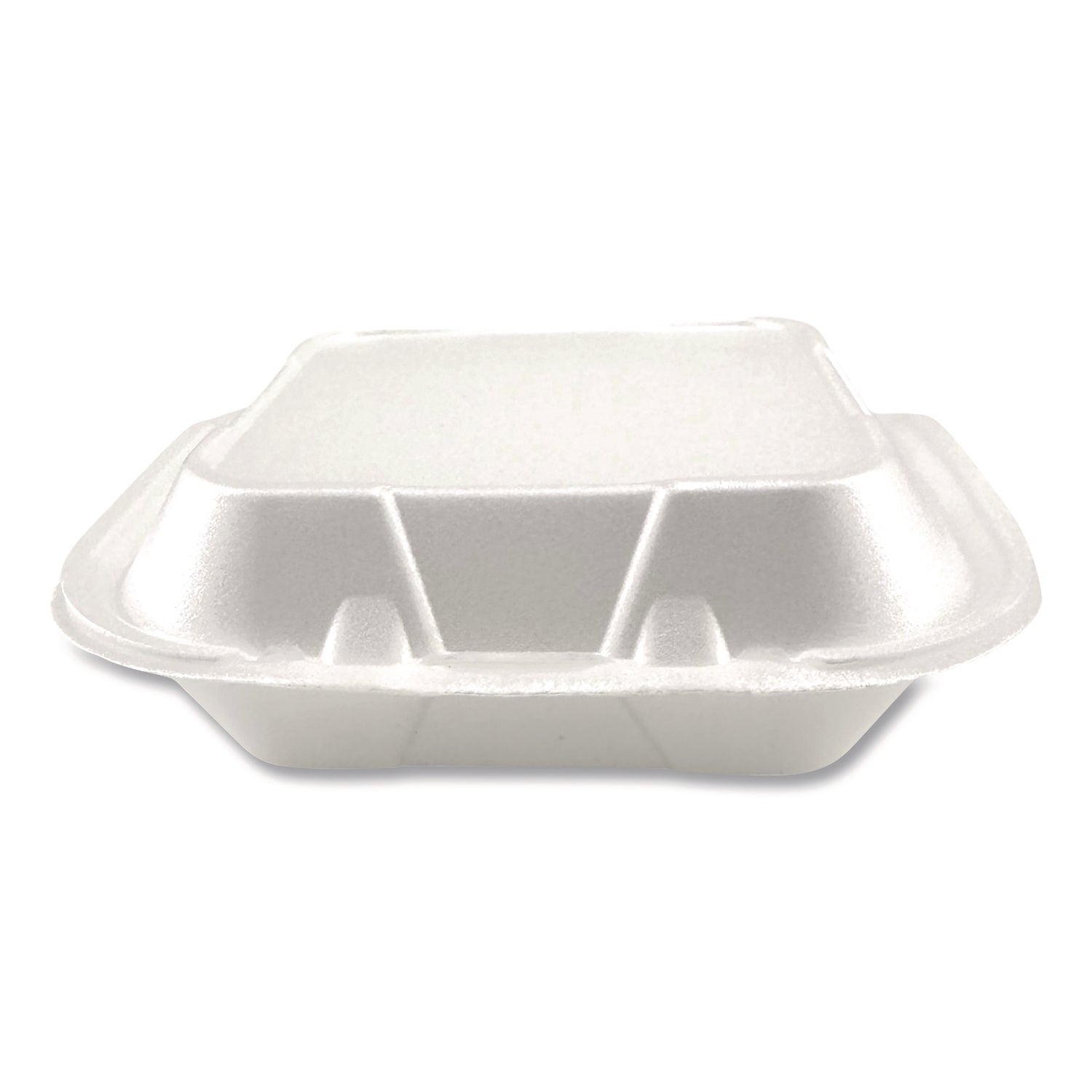 Plastifar Foam Hinged Lid Containers, 3-Compartment, 8.56 x 8 x 2.76, White, Foam, 200/Carton