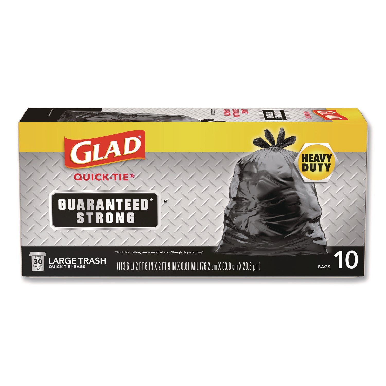 Glad® Large Quick-Tie Trash Bags, Tie-Flap, 30 gal, 0.81 mil, 30 x 33, Black, 10 Bags/Box, 12 Boxes/Carton - Bloom Skins