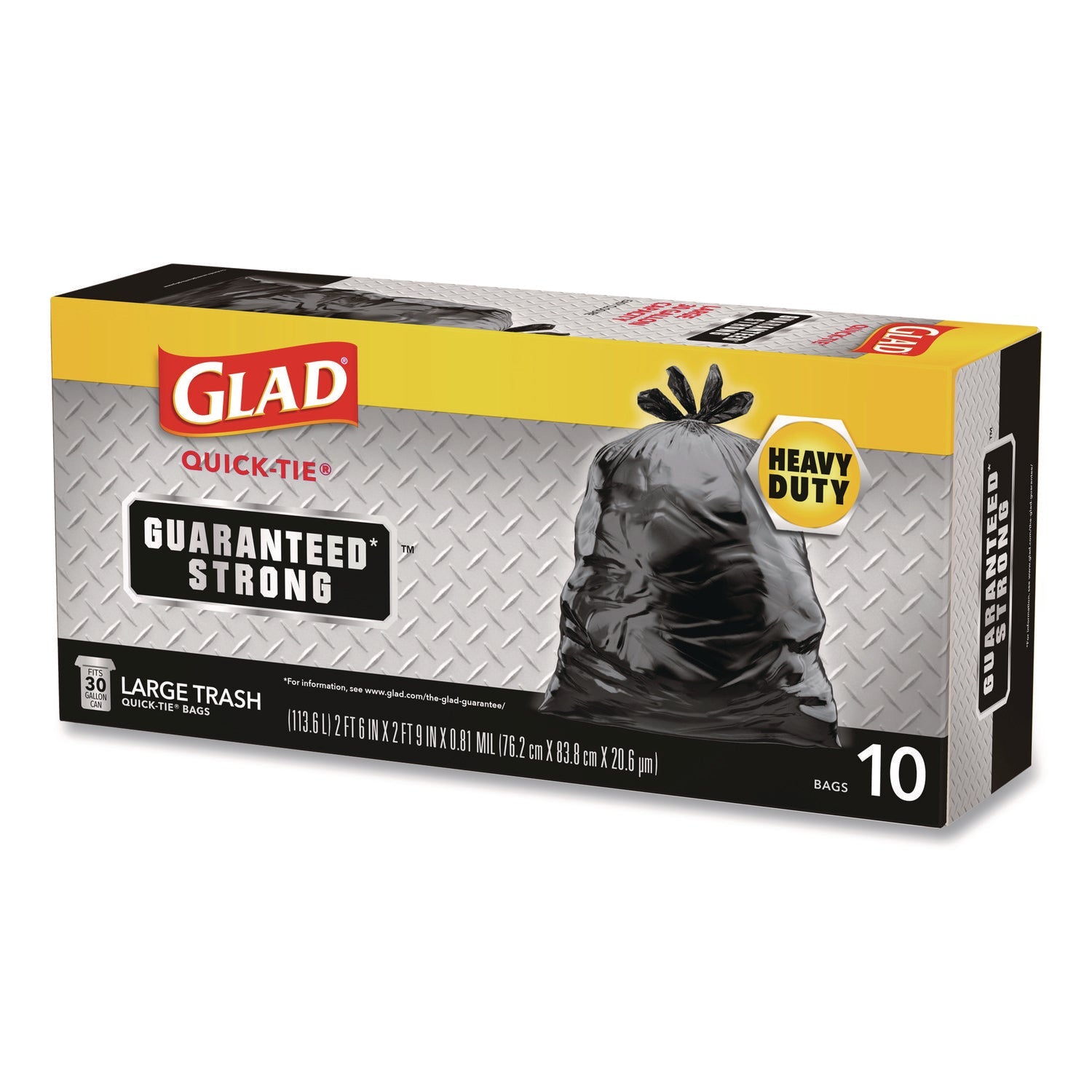 Glad® Large Quick-Tie Trash Bags, Tie-Flap, 30 gal, 0.81 mil, 30 x 33, Black, 10 Bags/Box, 12 Boxes/Carton - Bloom Skins